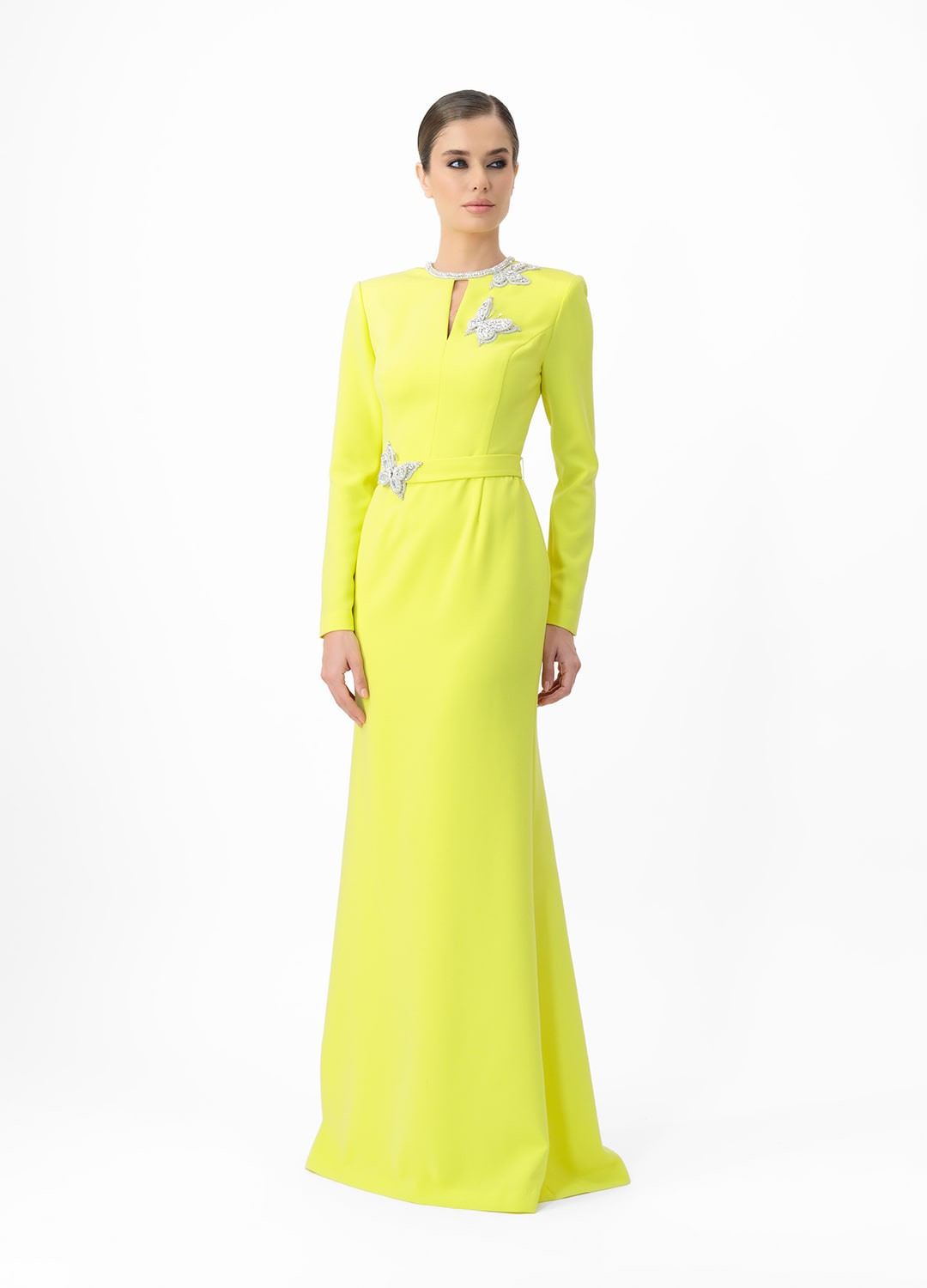 Yellow dress MA2025P20022 Y- Long-sleeve maxi dress with decorative belt, embellished with stone butterflies. Zipper in the center of the back - order online. High quality. Delivery worldwide.