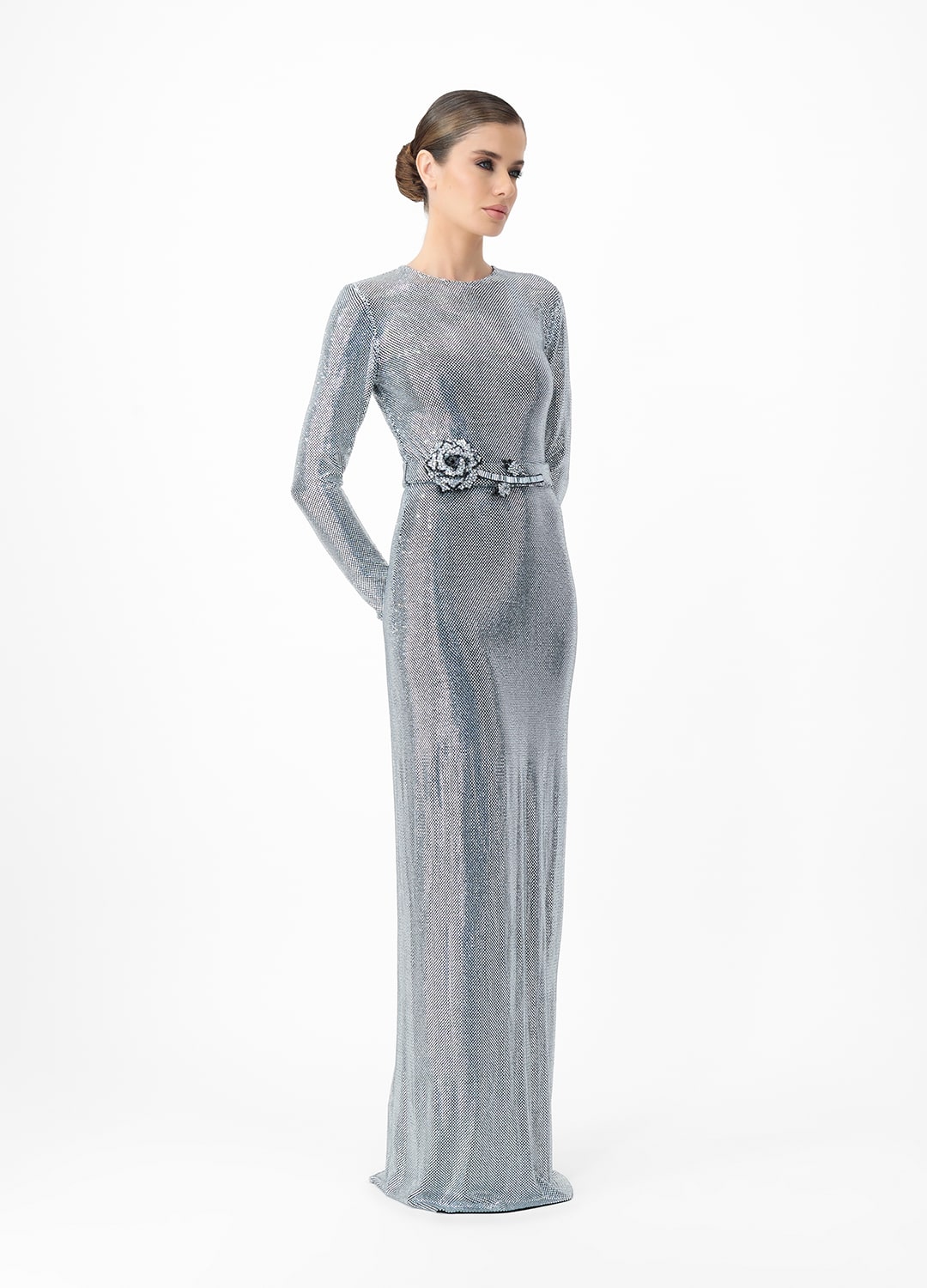 Silver dress AE2025P0011- Long sleeve dress studded with sparkling rhinestones. Belt at waist. Zipper at back center back- order online. High quality. Delivery worldwide.