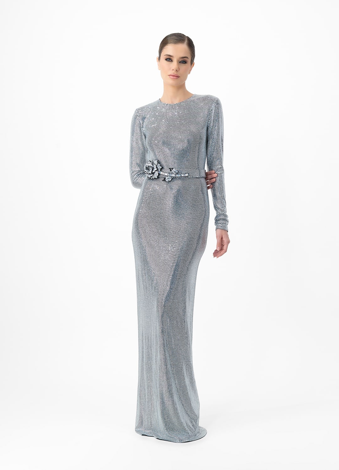 Silver dress AE2025P0011- Long sleeve dress studded with sparkling rhinestones. Belt at waist. Zipper at back center back- order online. High quality. Delivery worldwide.