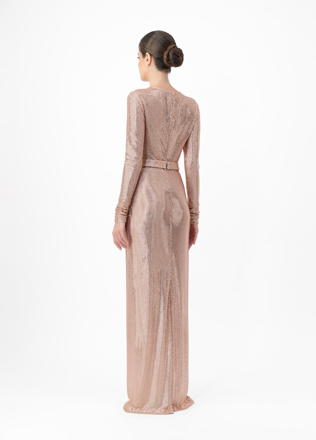 Pink dress AE2025P0011 P- Long sleeve dress studded with sparkling rhinestones. Belt at waist. Zipper at back center back- order online. High quality. Delivery worldwide.