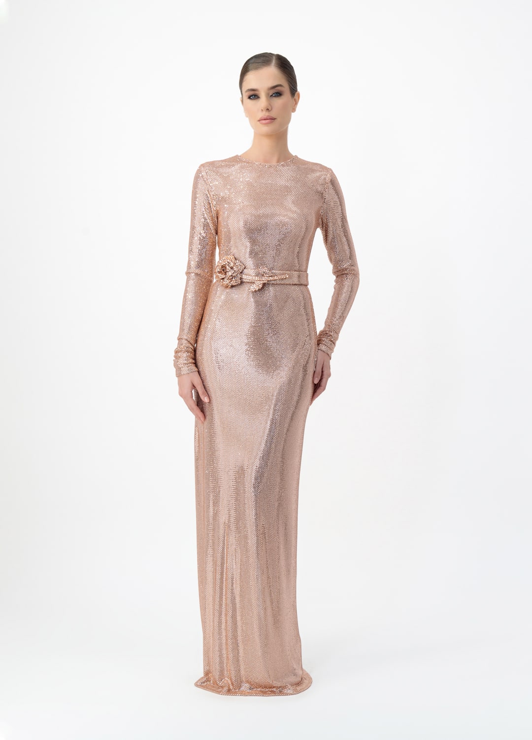 Pink dress AE2025P0011 P- Long sleeve dress studded with sparkling rhinestones. Belt at waist. Zipper at back center back- order online. High quality. Delivery worldwide.