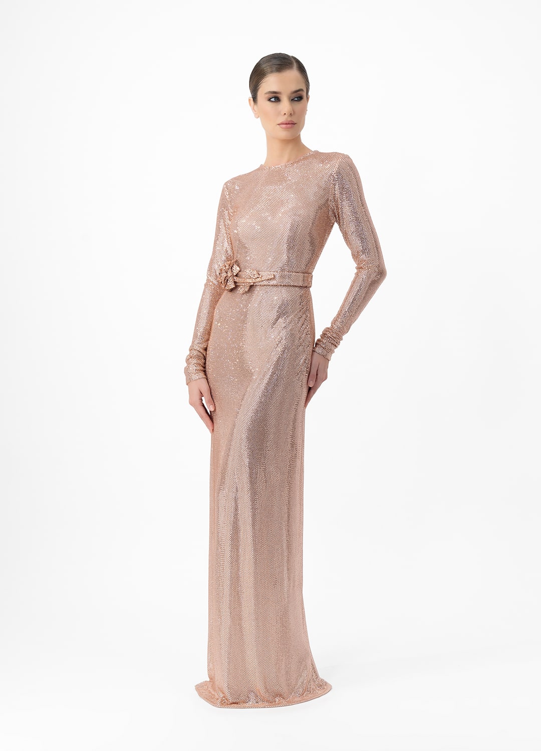 Pink dress AE2025P0011 P- Long sleeve dress studded with sparkling rhinestones. Belt at waist. Zipper at back center back- order online. High quality. Delivery worldwide.