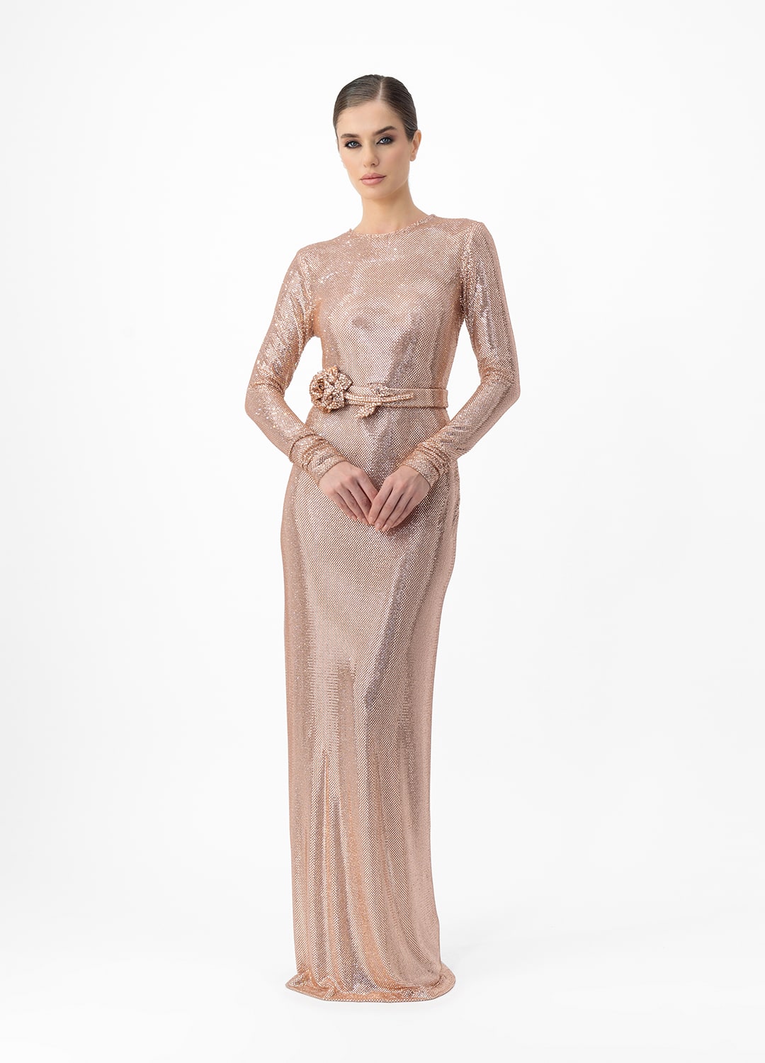 Pink dress AE2025P0011 P- Long sleeve dress studded with sparkling rhinestones. Belt at waist. Zipper at back center back- order online. High quality. Delivery worldwide.