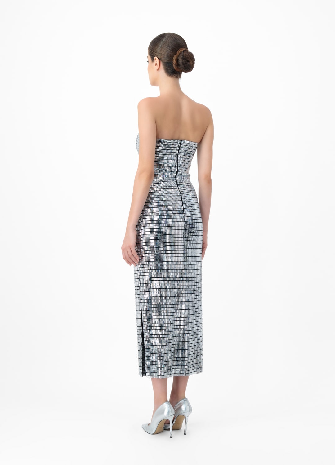 Silver dress AE2025P0015- Open-shoulder dress studded with sparkling rhinestones and a decorative rose. Zipper at back center back.