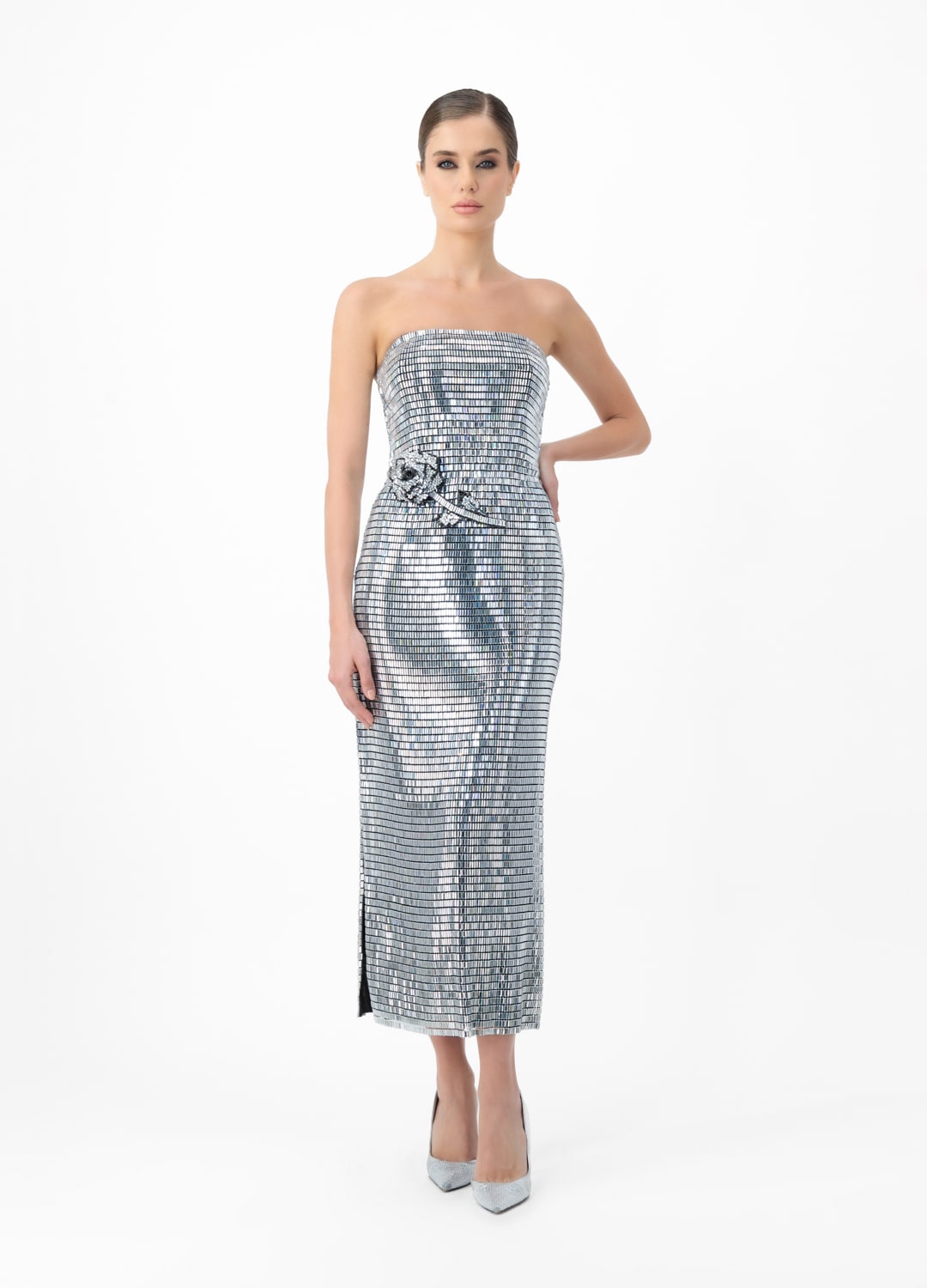 Silver dress AE2025P0015- Open-shoulder dress studded with sparkling rhinestones and a decorative rose. Zipper at back center back.