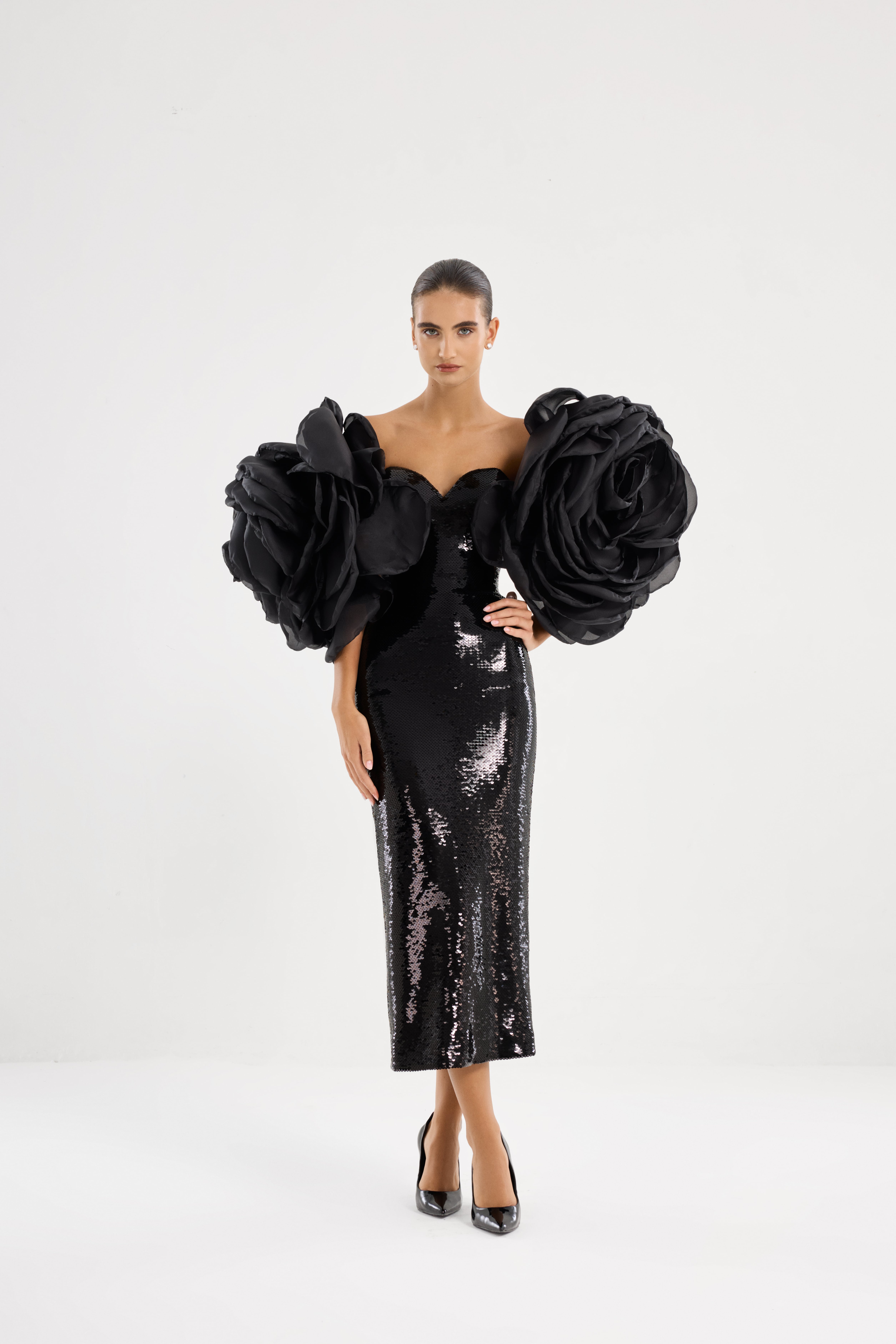 Black dress AE2026P0011 -Dress sewn with sequins, with voluminous decorative roses. Zipper fastening at the back in the center.. - ADAMARIS - the international brand 