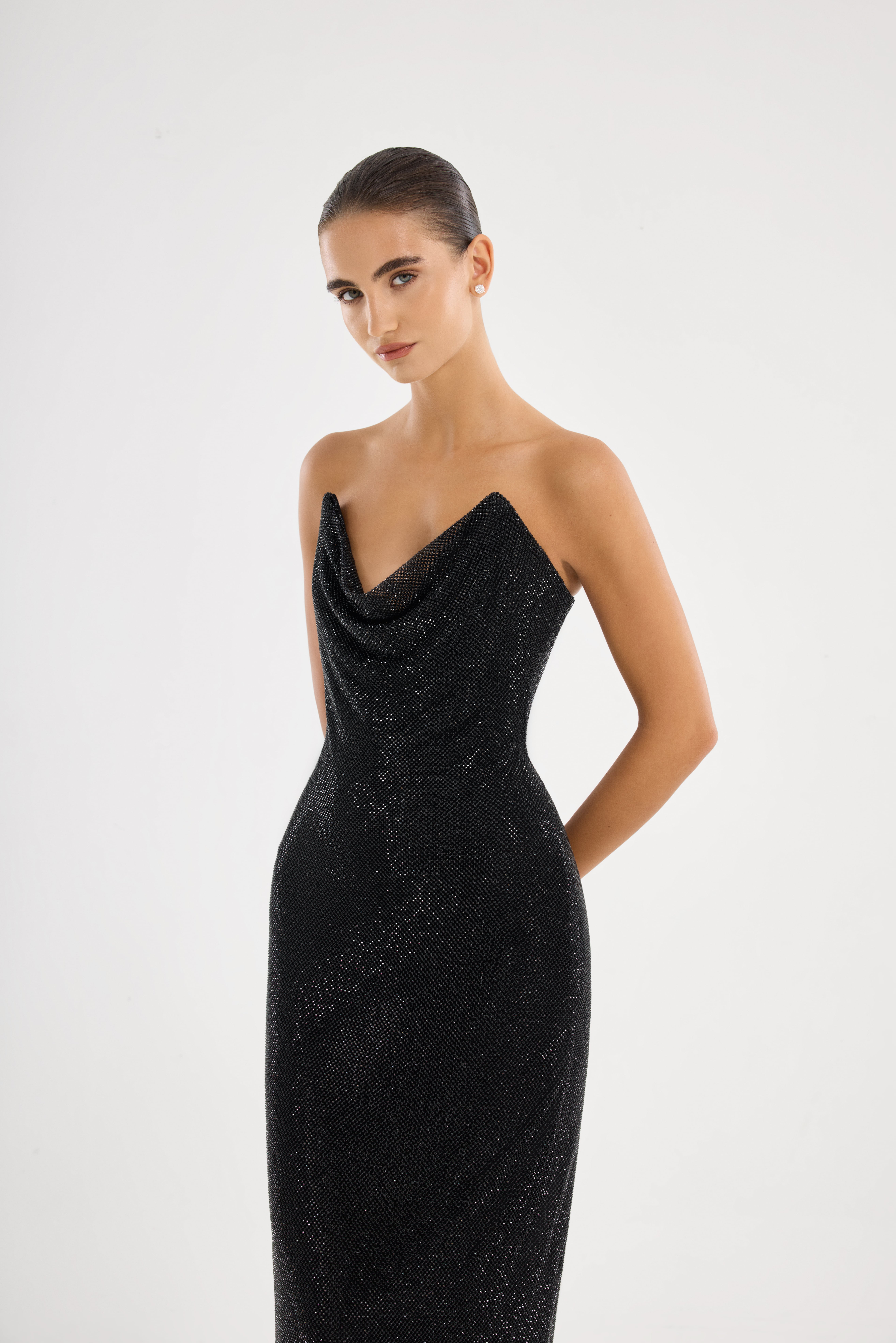 Black dress AE2026P0003 -Maxi-length dress with open shoulders. Zipper closure at the center back - ADAMARIS - the international brand 