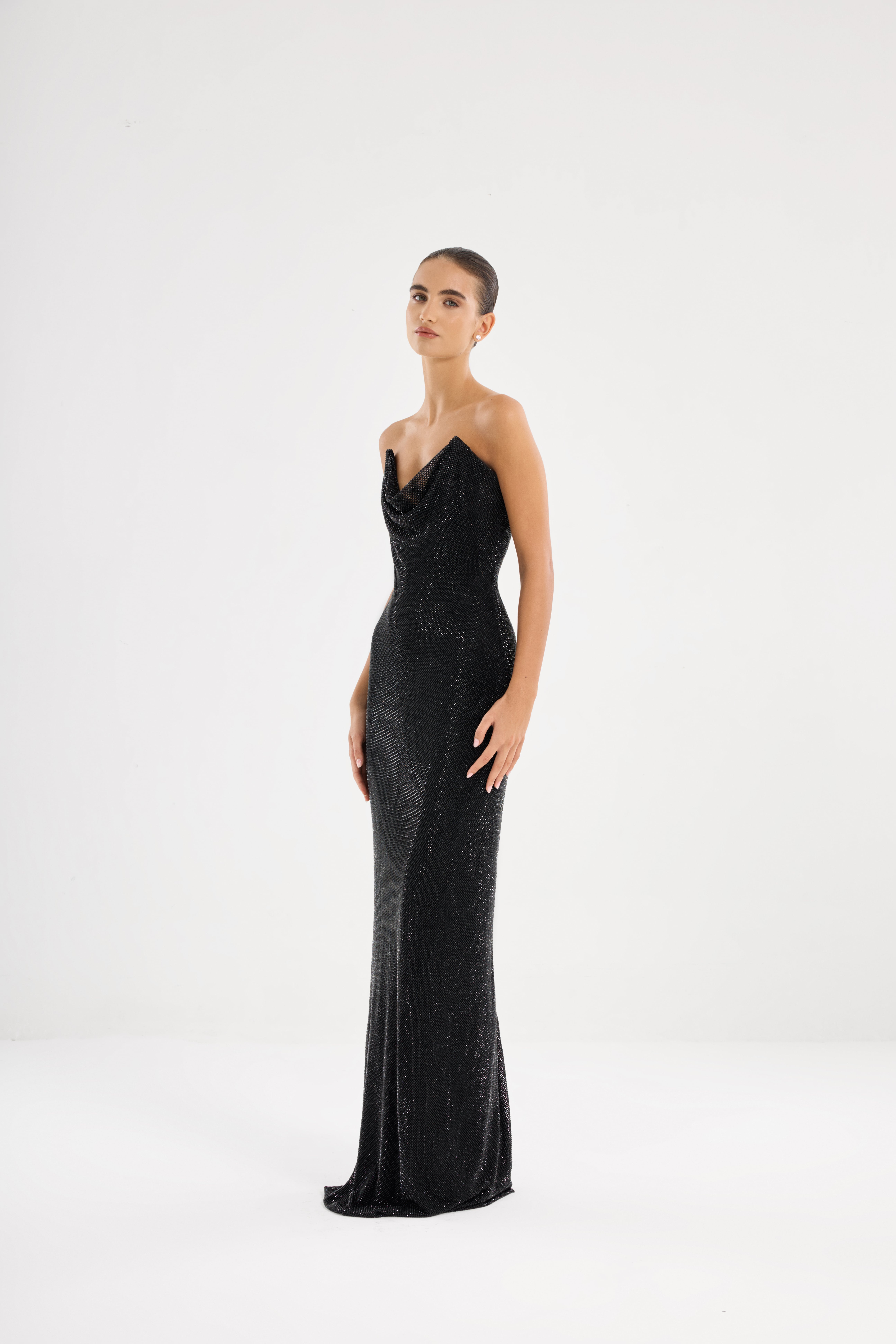 Black dress AE2026P0003 -Maxi-length dress with open shoulders. Zipper closure at the center back - ADAMARIS - the international brand 