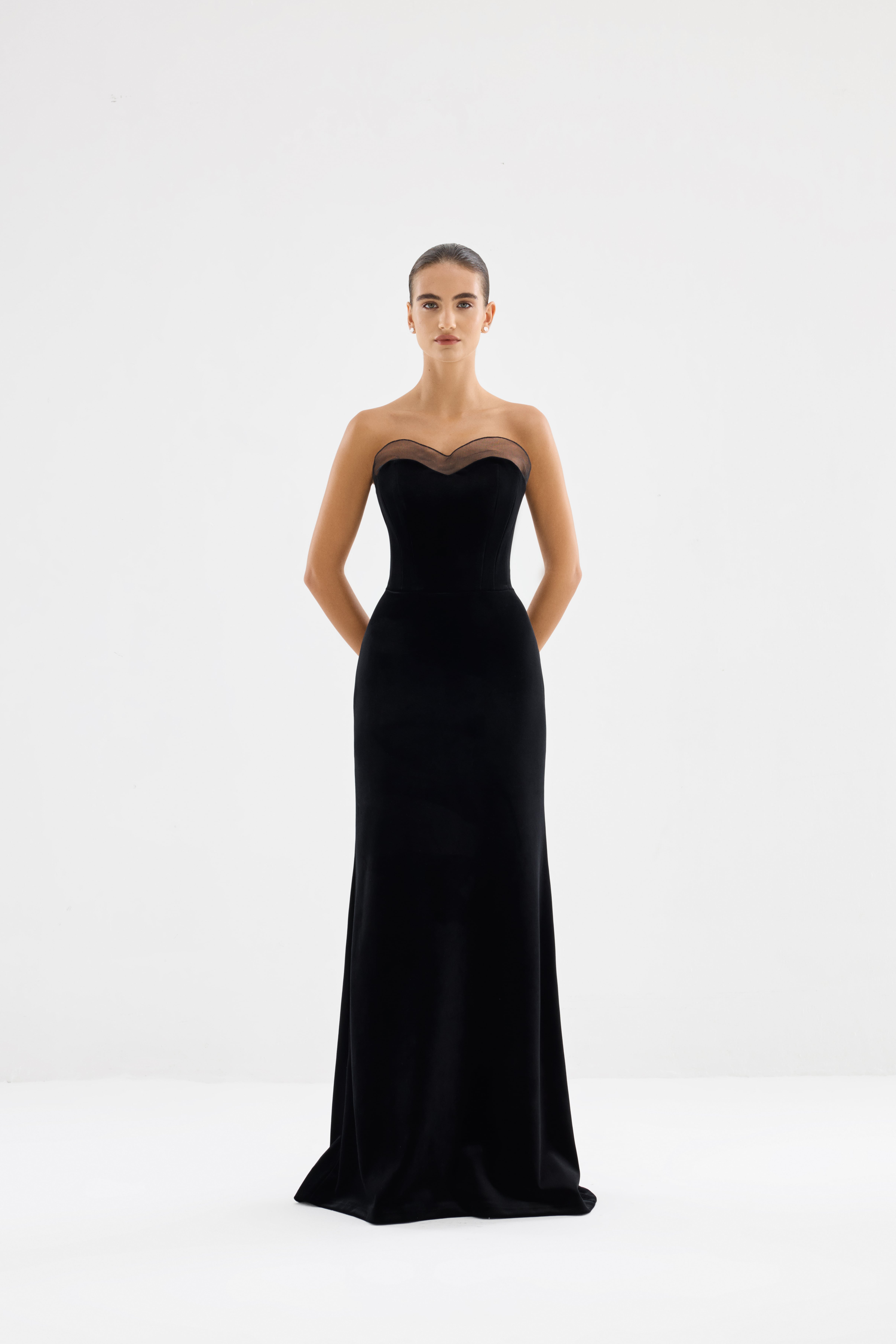Black dress AE2026P0002 -Maxi-length dress with open shoulders and cape. Zipper closure at the center back - ADAMARIS - the international brand 