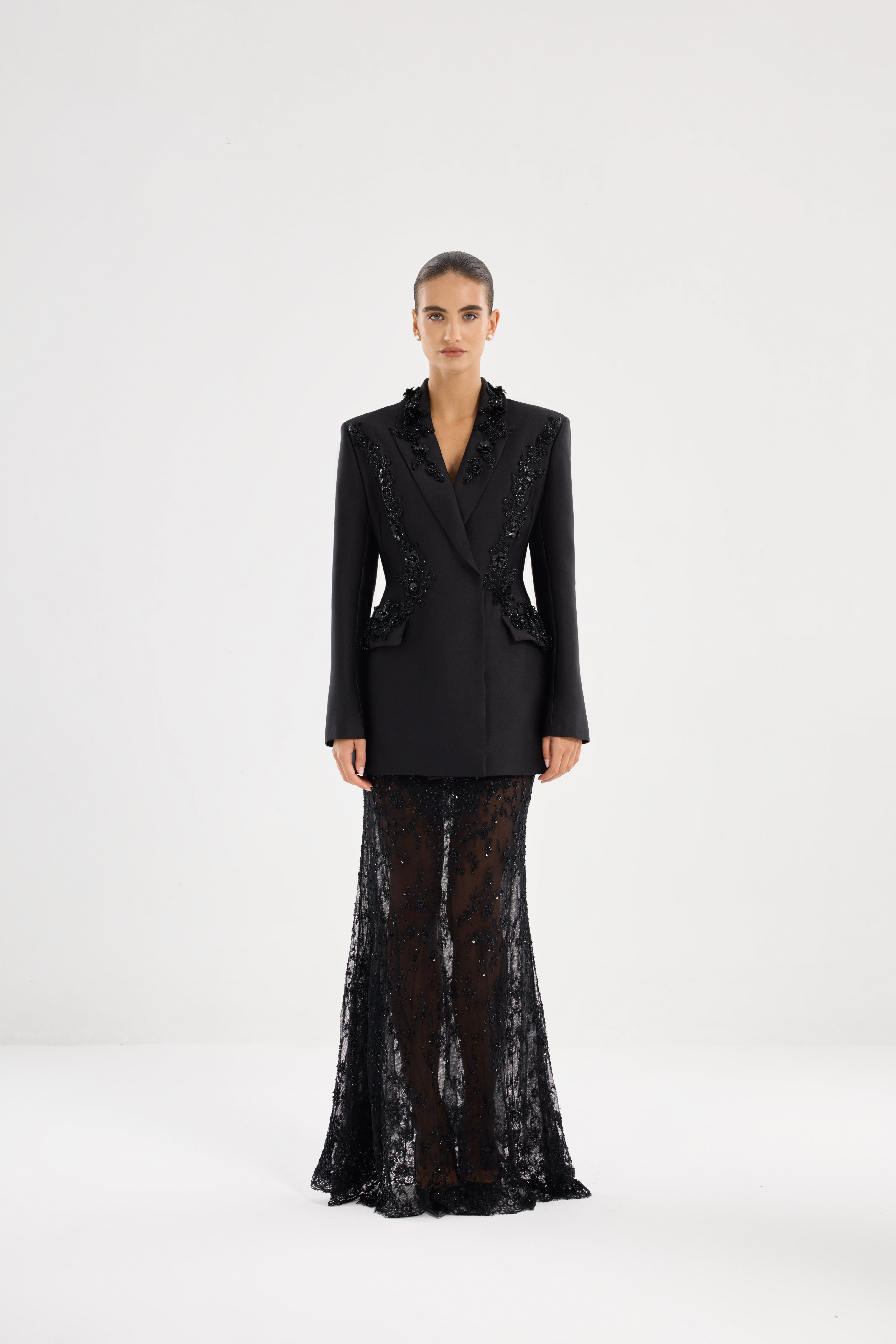 Black suit AN2025P0102 - Suit with maxi length skirt and jacket with accent waist embroidered with beading- ADAMARIS - the international brand 