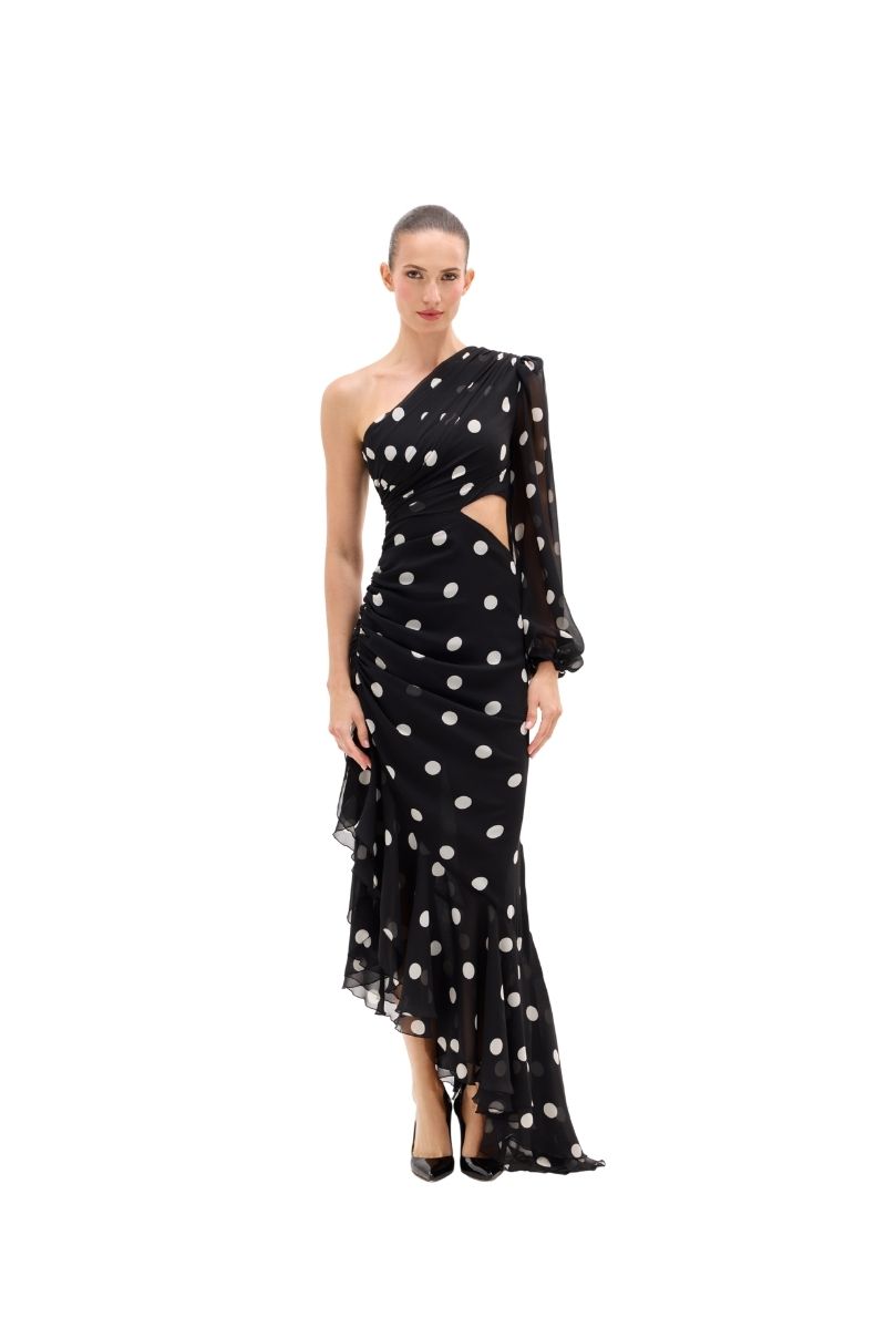 Black dress AES2026P0045- A maxi-length polka-dot dress with one shoulder. - ADAMARIS - the international brand 