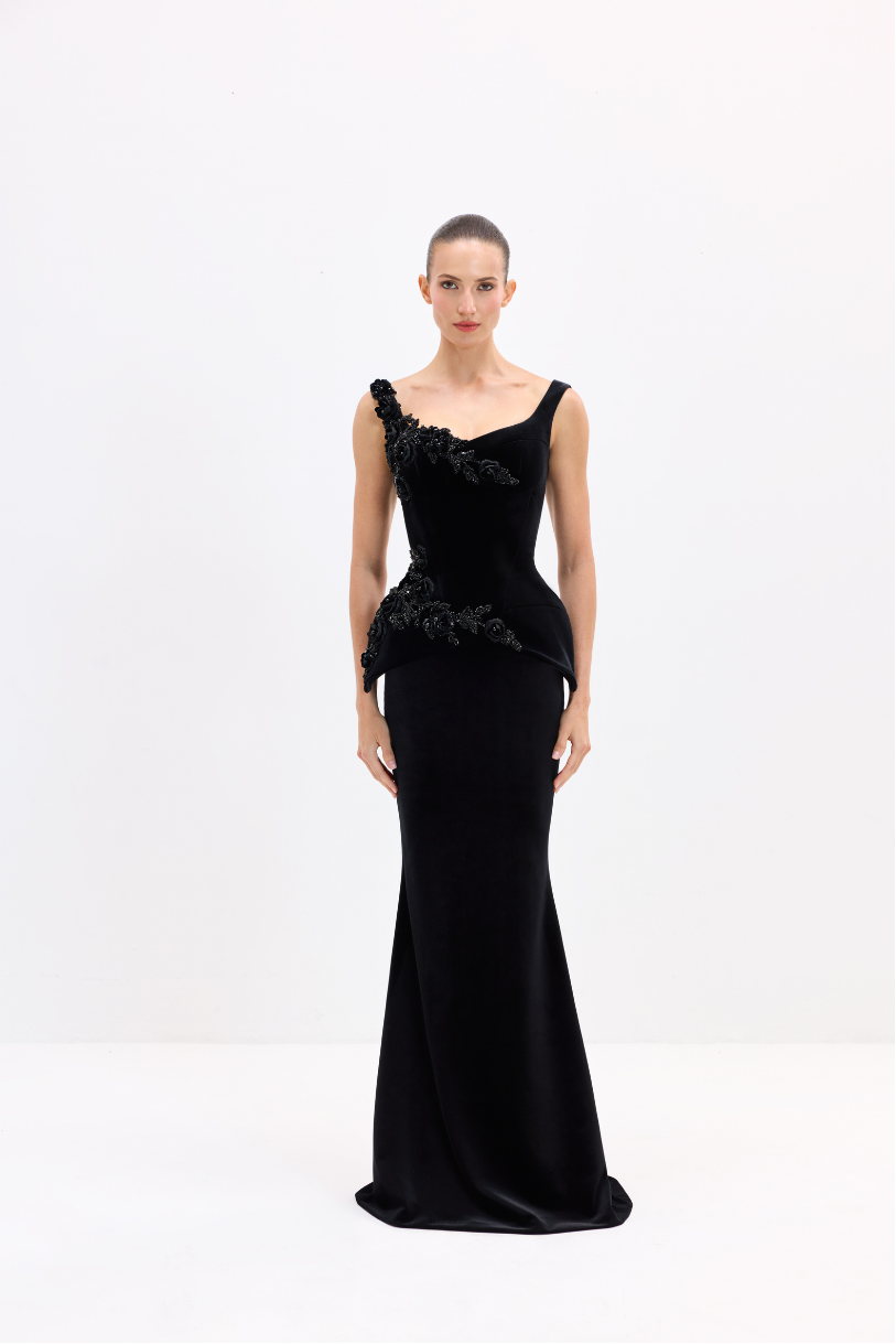Black dress AES2026P0013 D- A corset embroidered with beads. It features a center-back zipper - ADAMARIS - the international brand 