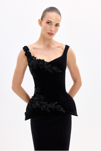 Black dress AES2026P0013 D- A corset embroidered with beads. It features a center-back zipper - ADAMARIS - the international brand 