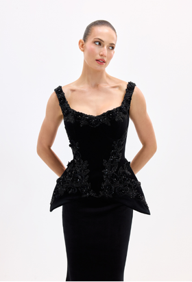 Black dress AES2026P0014 D - A corset embroidered with beads. It features a center-back zipper - ADAMARIS - the international brand 