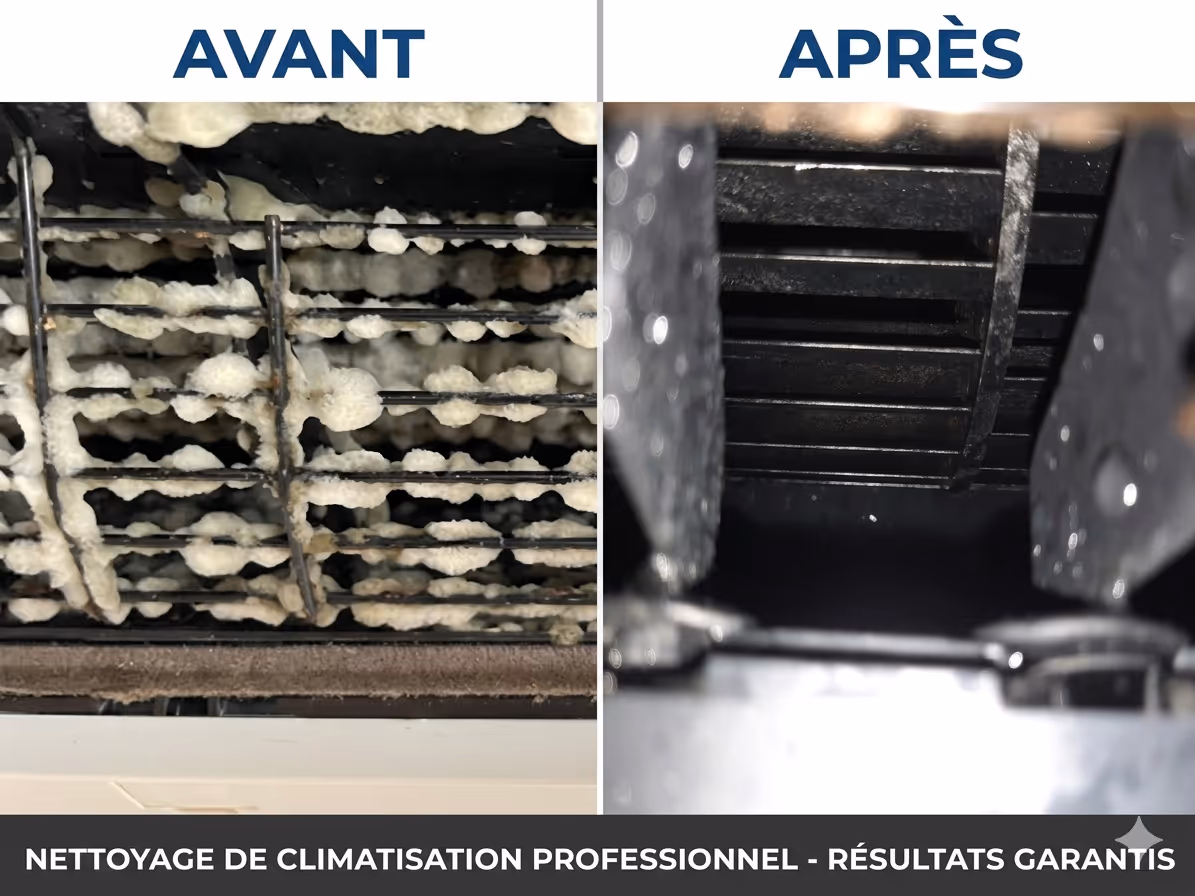 Comparaison Avant/Après d'une cage d'écureuil apres un nettoyage par EGL Entretien sur une Thermopompe Murale