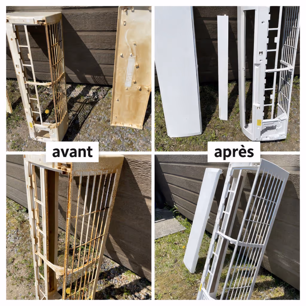 Comparaison avant/après de panneaux avant de climatiseur démontés. Netoyage fair par EGL Entretien
