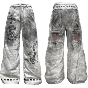 DETW White Dirty Wash Music Note Baggy Jeans