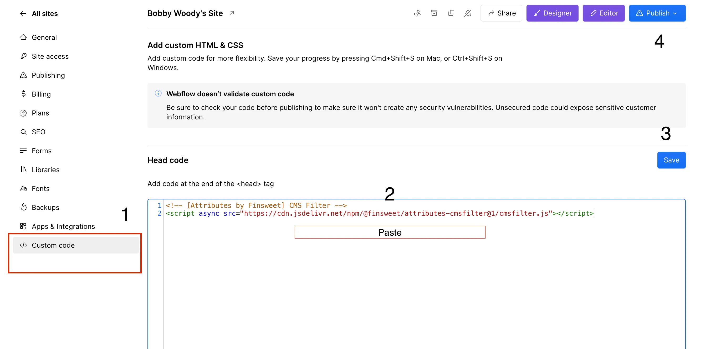 webflow project settings