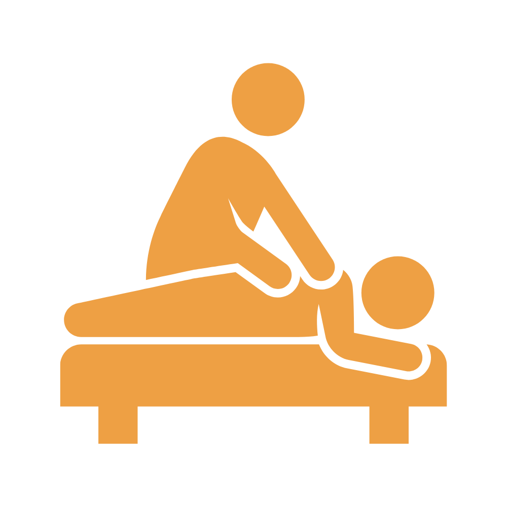 Icon of a person receiving a massage while lying face down on a table and another person massaging their back.