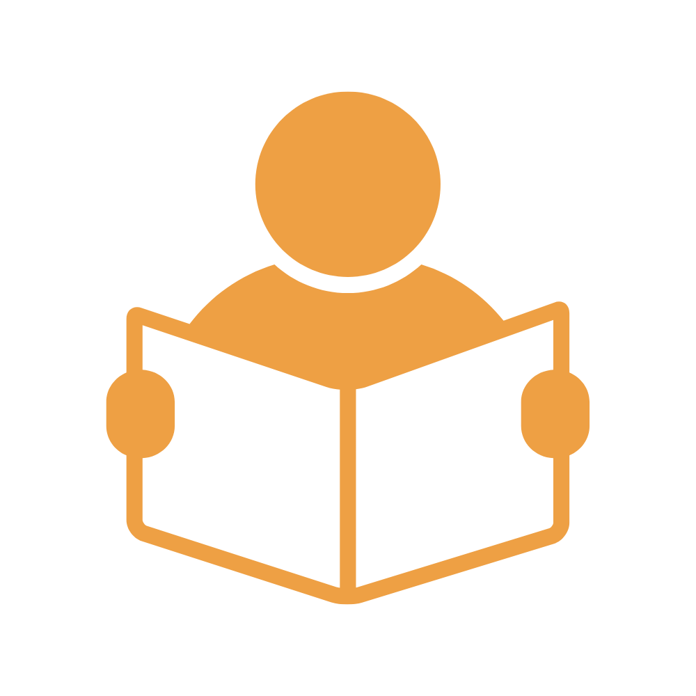 Orange icon of a person reading a book.