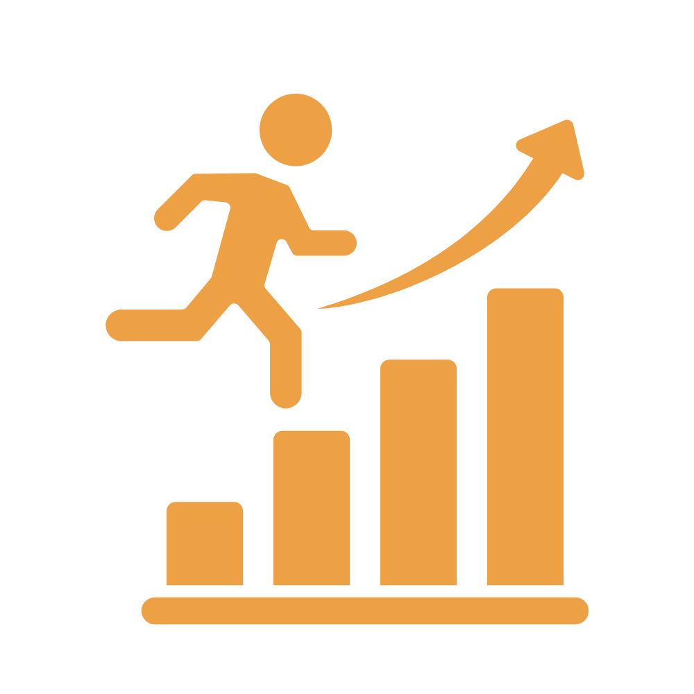 Orange icon of a person running up ascending bar chart with an upward arrow indicating growth.