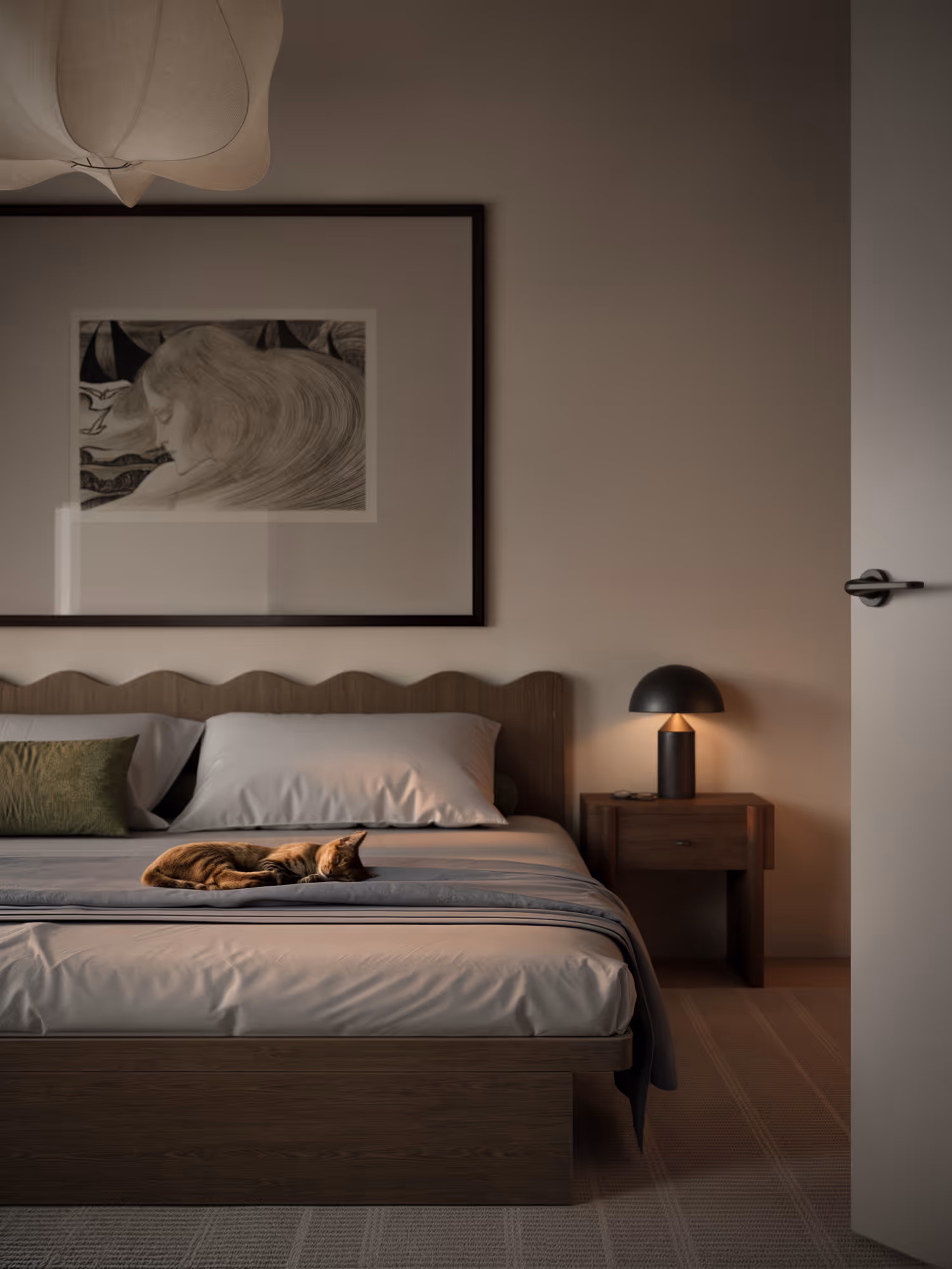 Another view of the modern bedroom, showcasing the bed with soft linens, decorative pillows, and a view of the outside through large windows. A warm and inviting space with artistic touches.