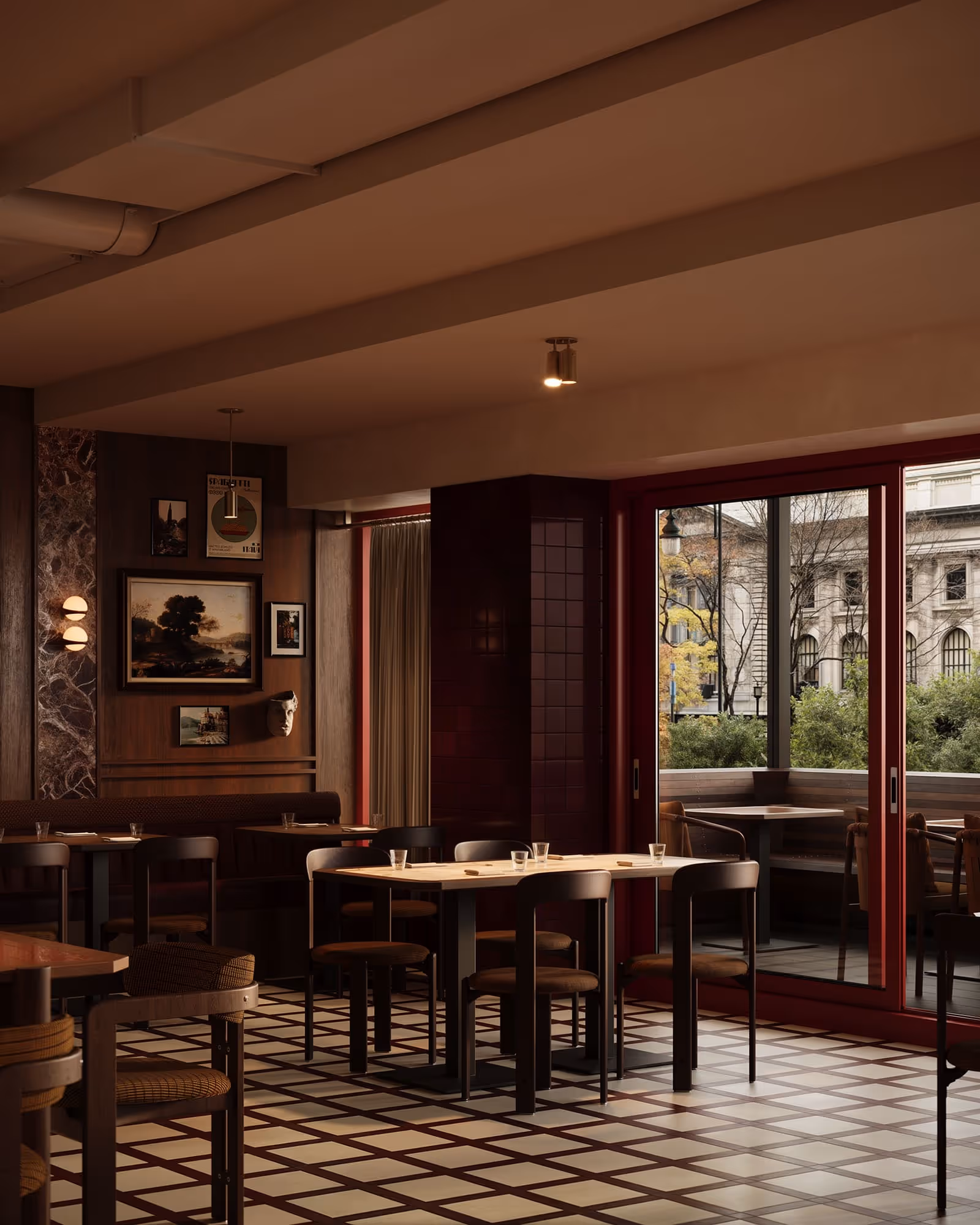 A view of the bar area that captures the interplay of light and shadows, highlighting the rich colors and textures of the furniture. The atmosphere feels welcoming and luxurious.
