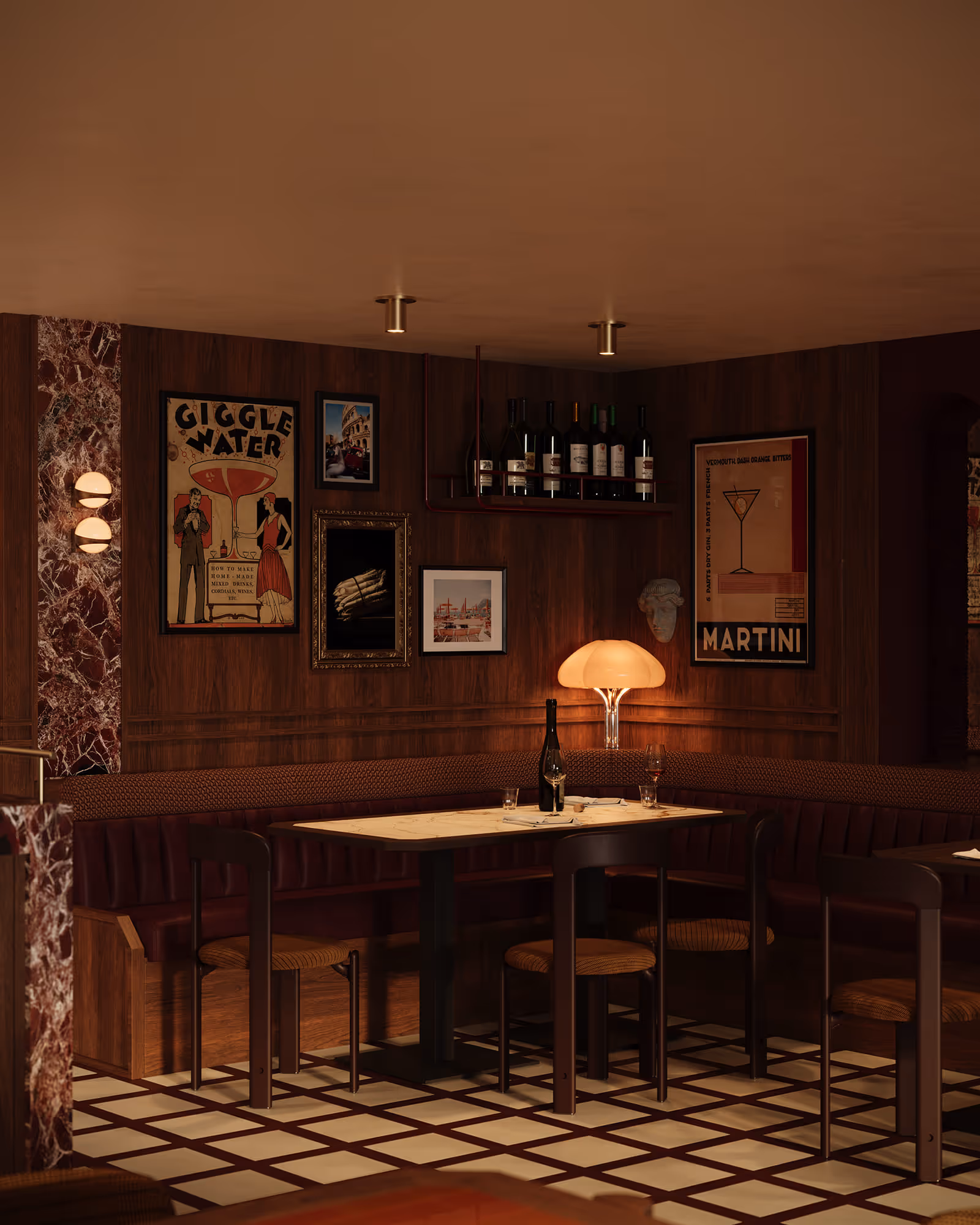 An elegantly designed corner of the bar with stylish seating arrangements and tasteful decor. A soft lamp illuminates the space, creating a warm, inviting environment.