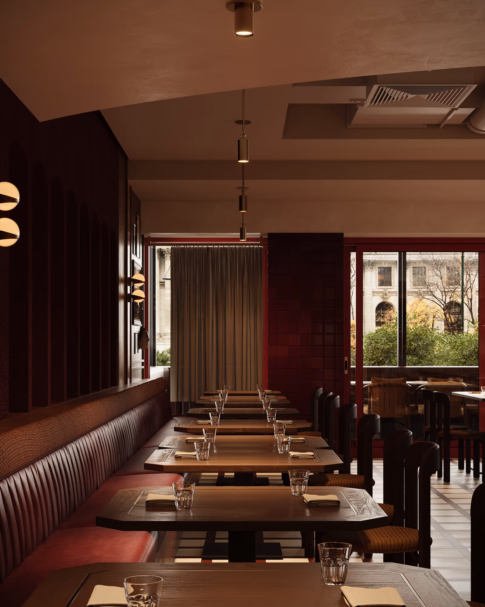 A dining table render within the bar, showcasing a modern design with plates and glassware neatly arranged. The setting is cozy and perfect for enjoying a meal in a realistic environment.