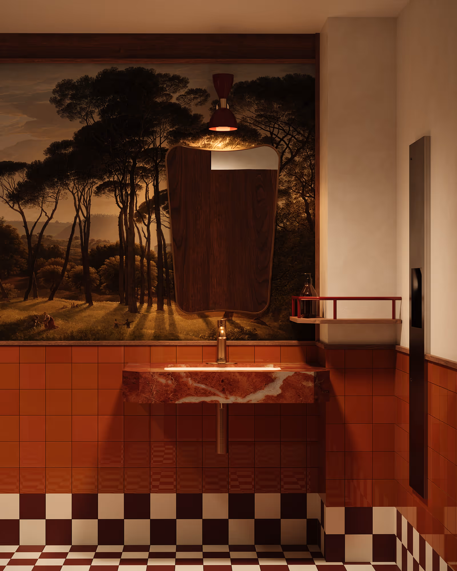 A washroom area characterized by stylish fixtures and a clean design. The warm lighting and tasteful decor create a welcoming environment for guests.