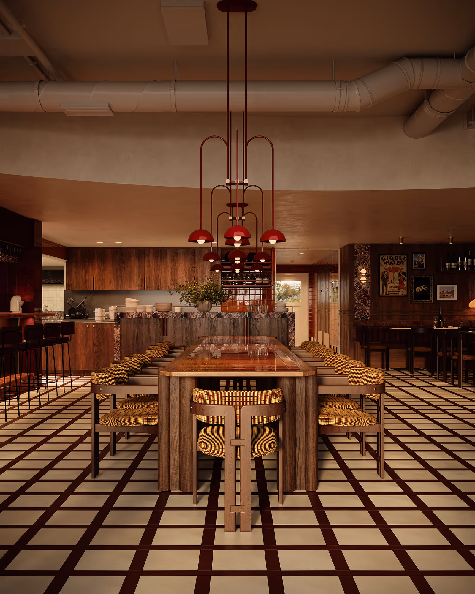 view of the bar showcasing its modern design with a sleek bar counter. The decor includes dark wooden accents and a well-arranged display of liquor bottles, enhancing the sophisticated ambiance.