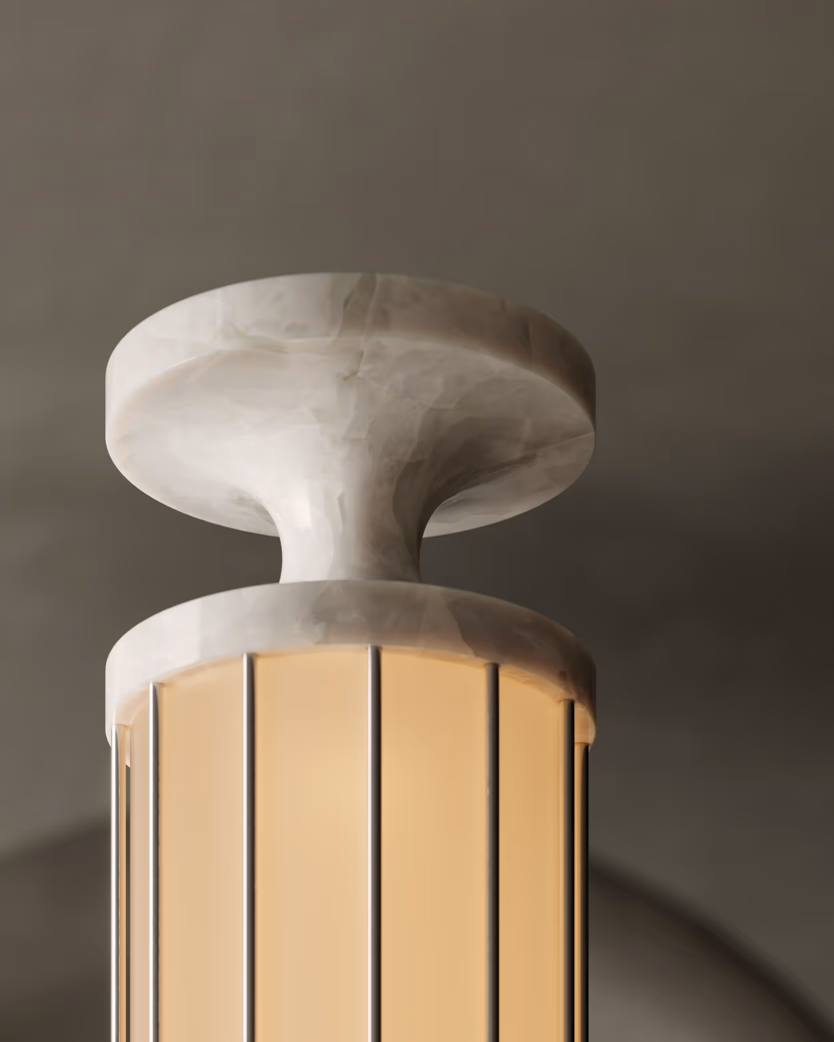 A close-up render of unique lamp featuring vertical stripes and a rounded top. This lamp is made from a light-colored material and emits a gentle light, enhancing the stylish decor of the space.