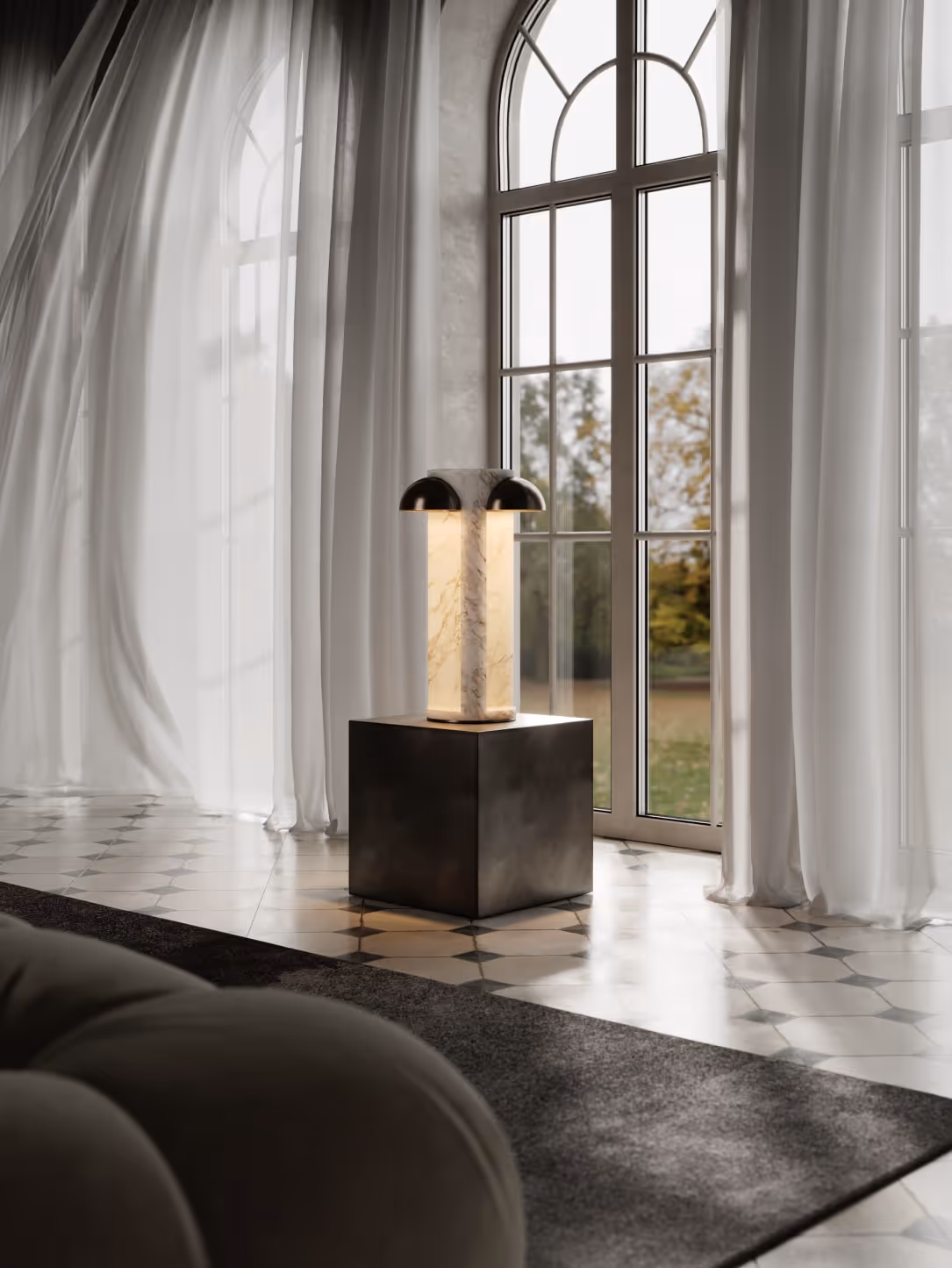 A side render of the product showcasing the interplay of light and shadow in a cozy interior with soft, natural lighting.