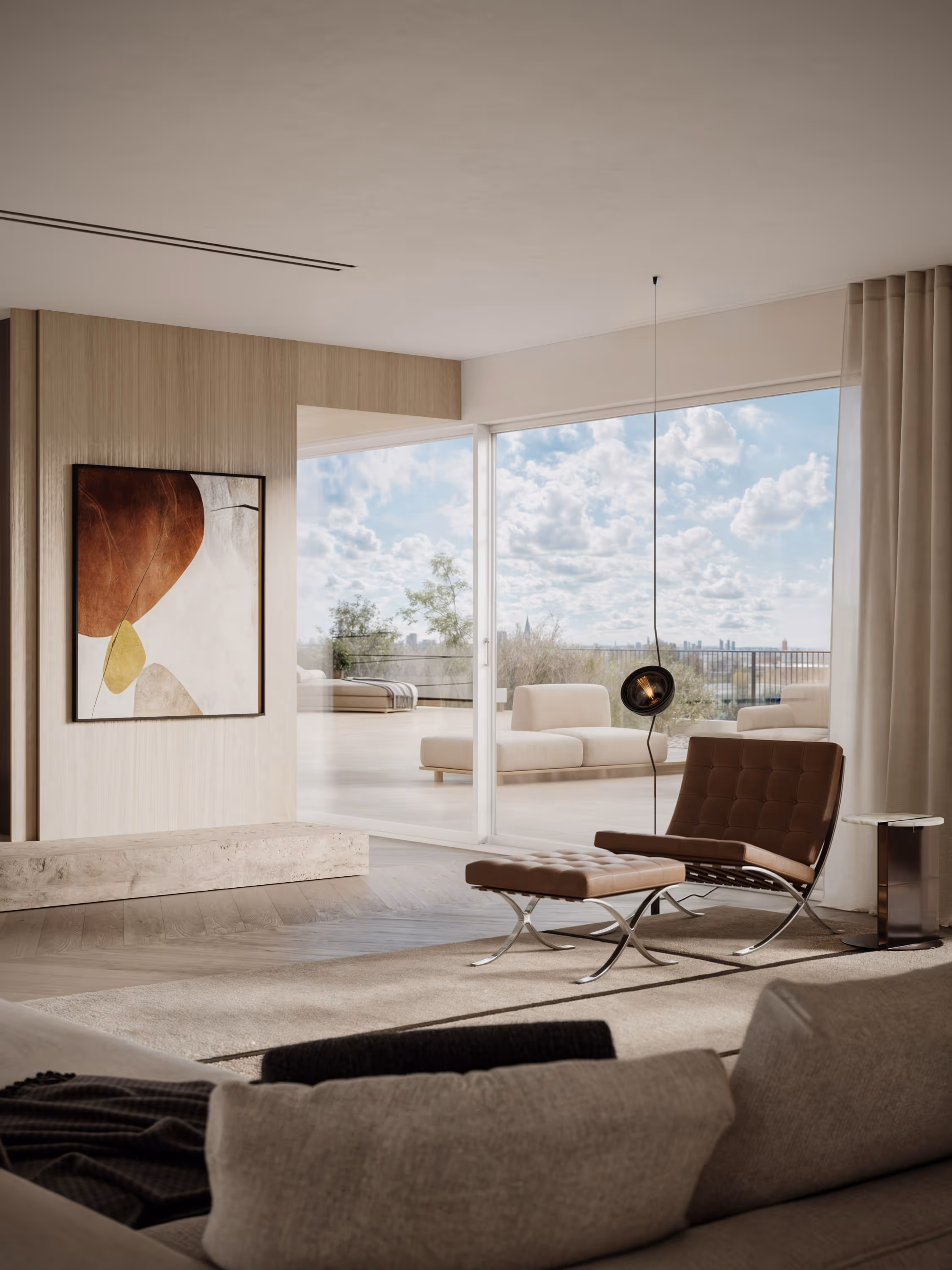 A highly detailed interior render of a stylish living room with beige couches, modern artwork, and floor-to-ceiling windows offering a cityscape view. Perfect for real estate renders and interior designers.