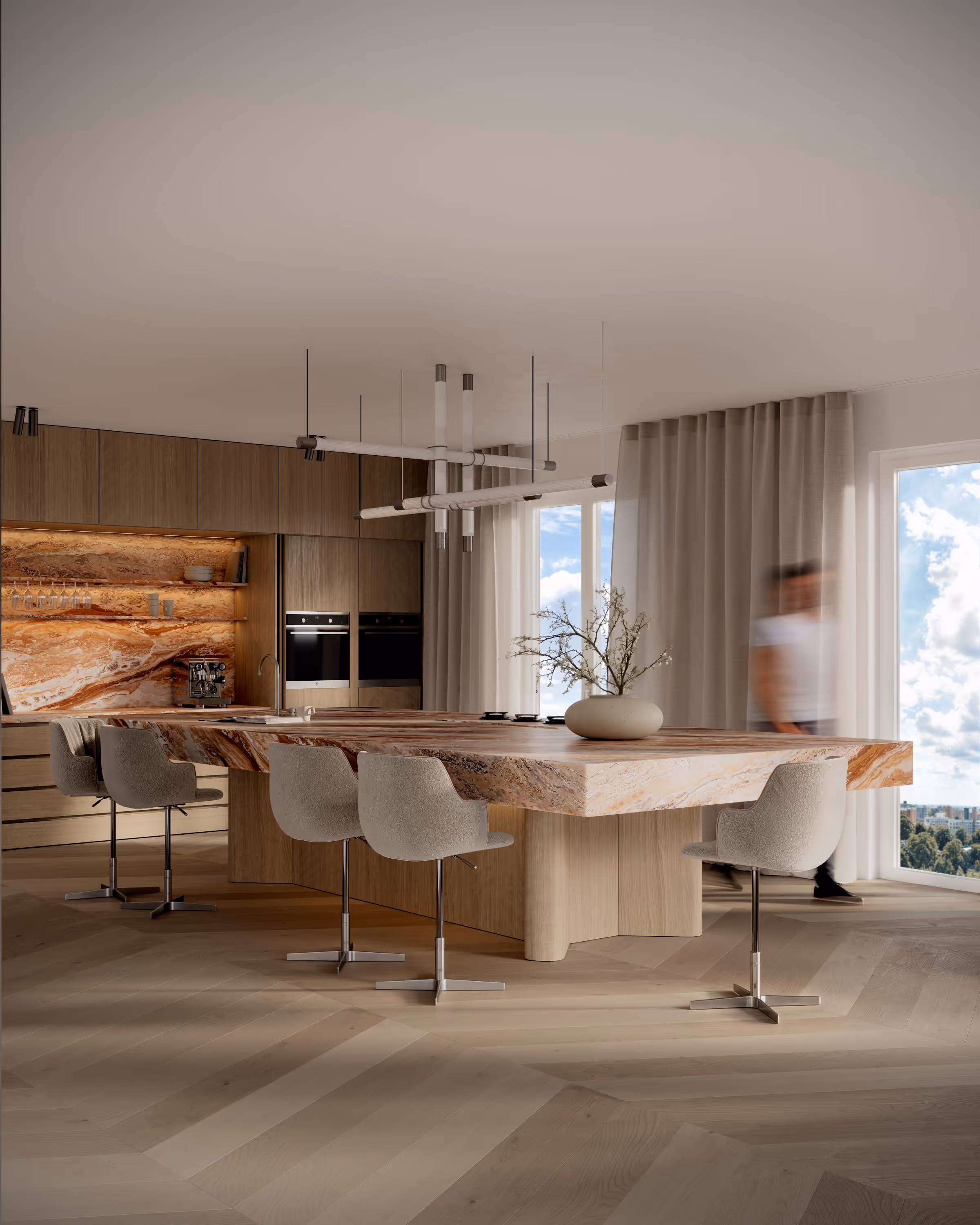 A high-quality interior render of a modern kitchen space featuring a prominent stone island, sleek wooden cabinetry, bar seating, and expansive windows, ideal for real estate marketing and interior designers.