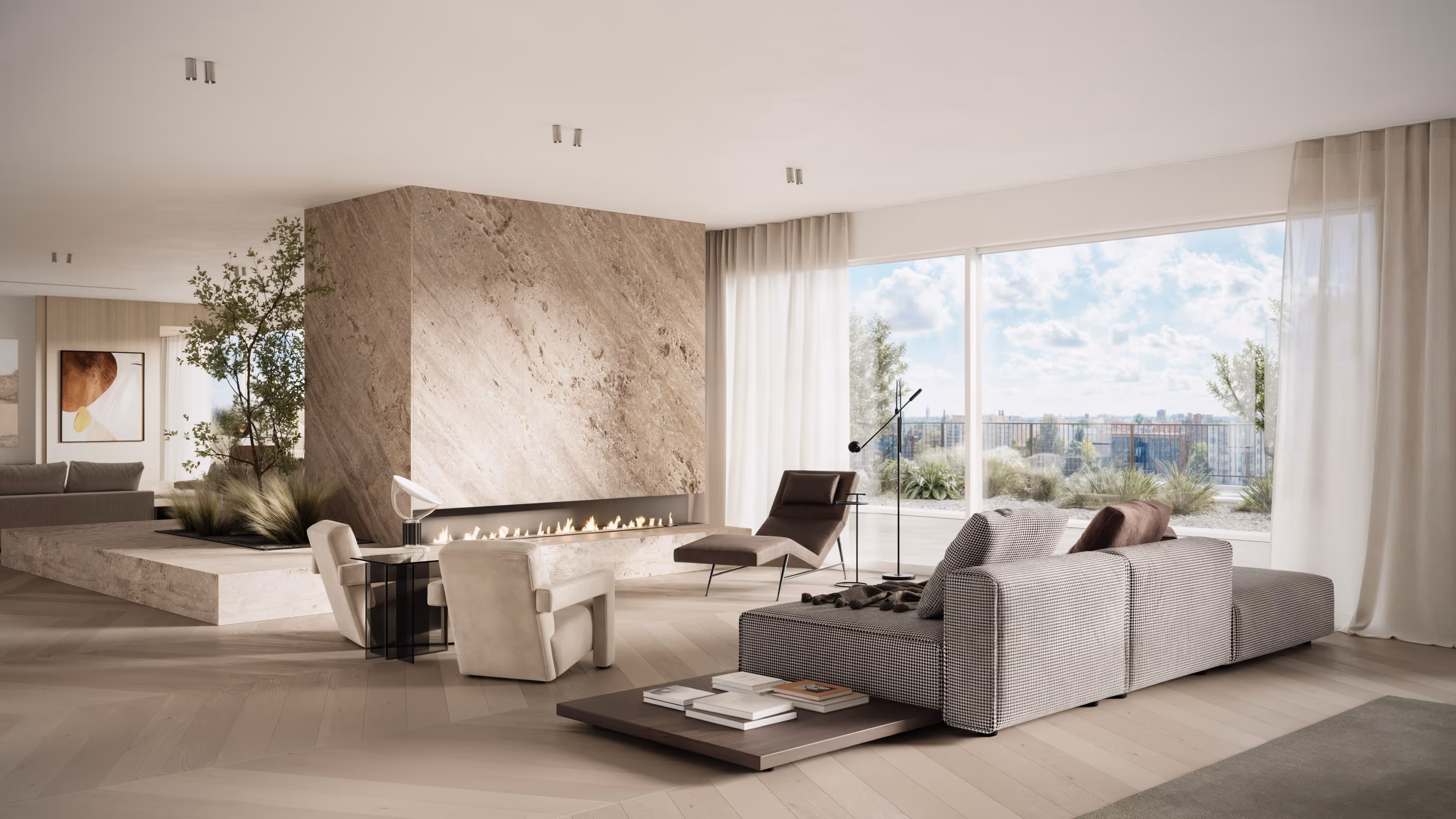 A photorealistic render of a contemporary living room with large windows, a stone fireplace, neutral-toned furniture, and a view of a sunny outdoor space, perfect for interior designers and real estate marketing.