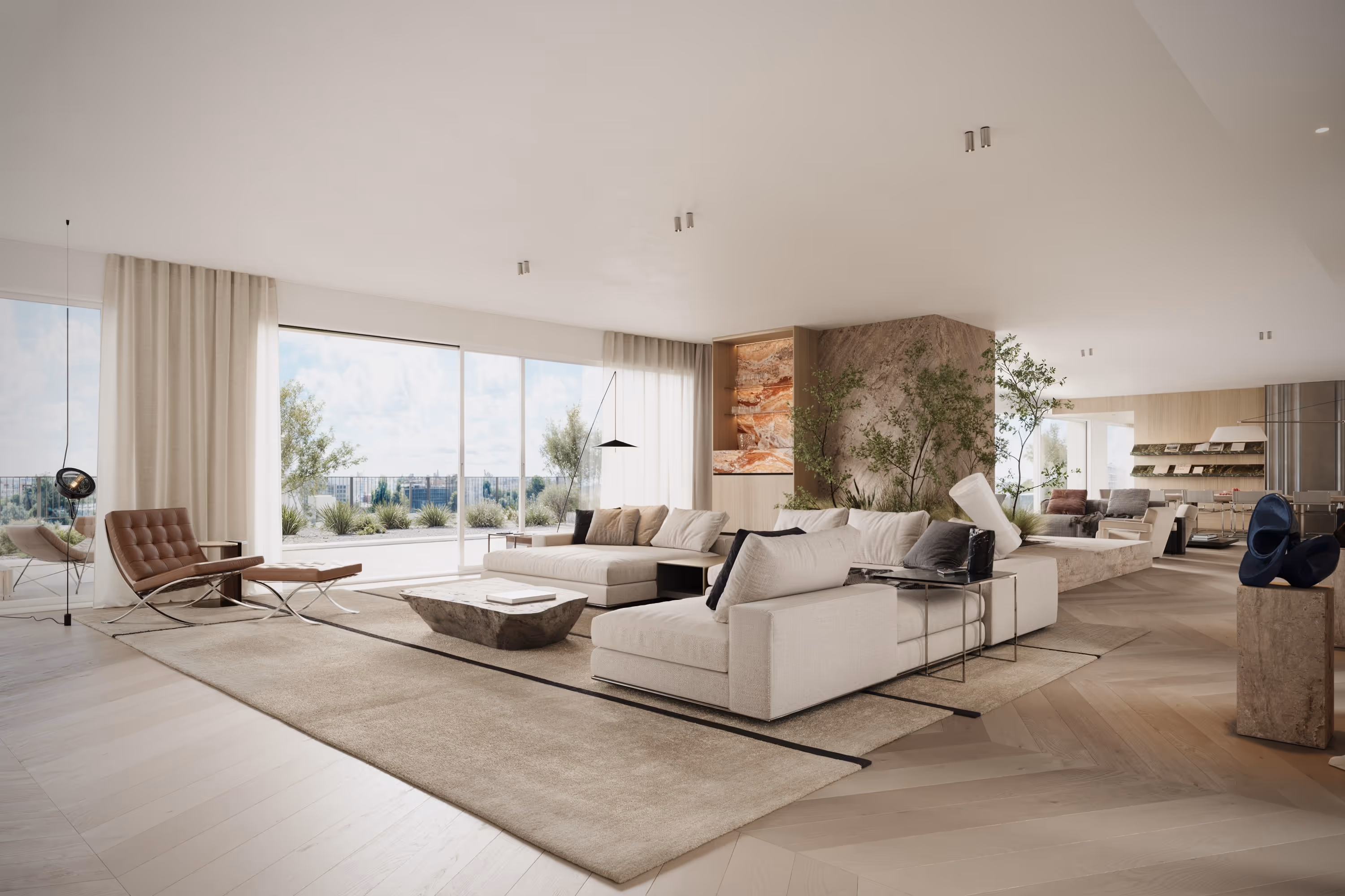 A high-quality, highly detailed render of an airy living room, showcasing modern furniture, a beige color palette, and expansive glass doors leading to a large terrace. Ideal for real estate marketing and interior designers
