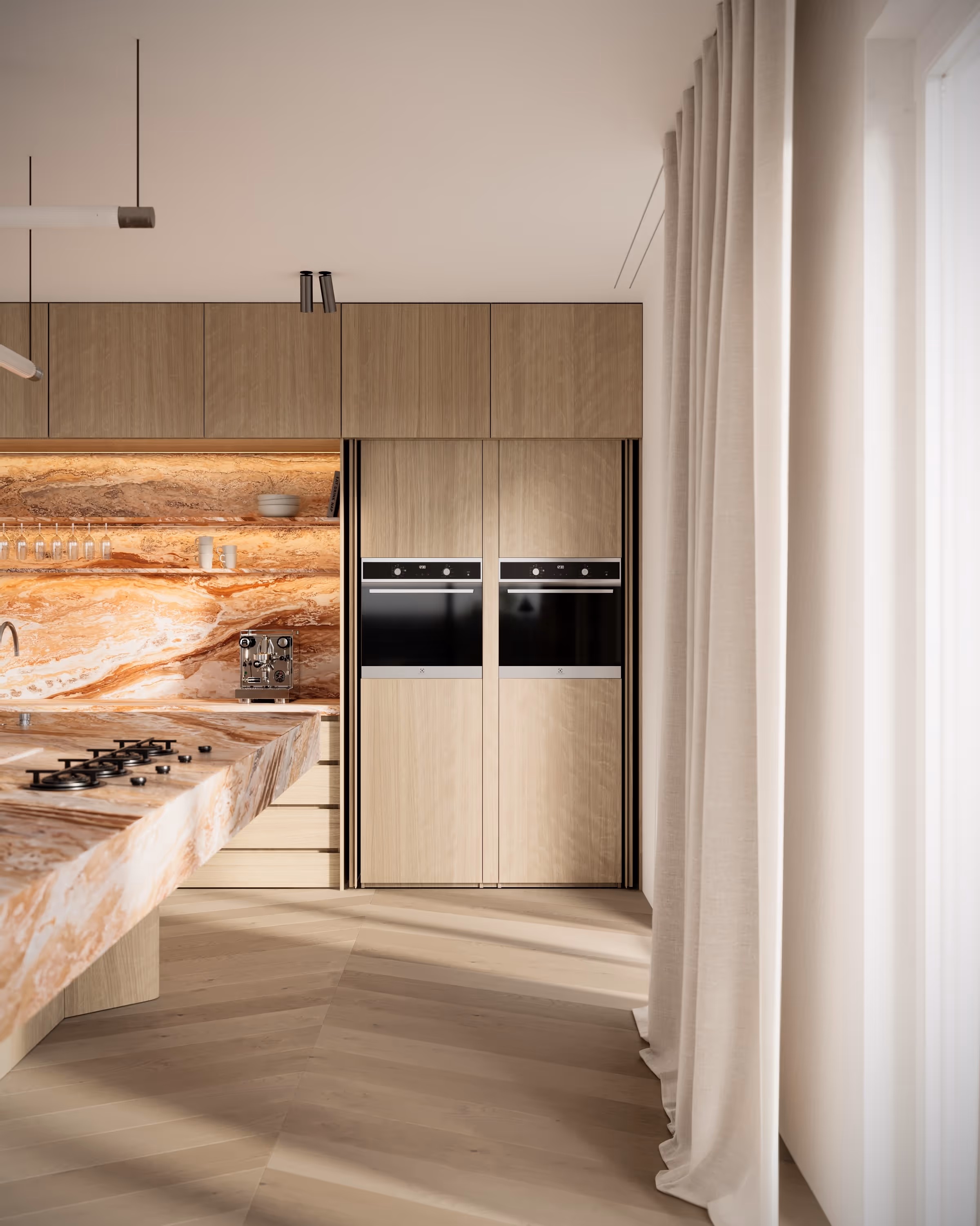 A highly detailed kitchen render showcasing a natural stone countertop and backsplash, light wood cabinetry, and built-in appliances. The photorealistic render highlights clean lines, natural textures, and modern design elements, ideal for real estate marketing and interior designers.