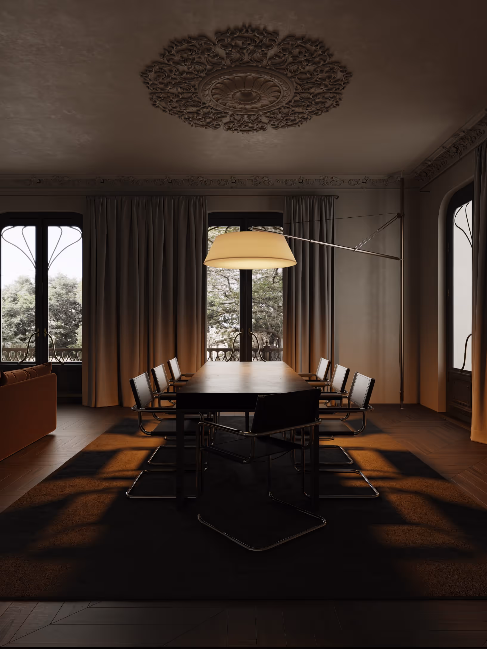 A highly detailed render of a dining room featuring a large, modern pendant lamp suspended over a rectangular table with dark chairs. The room is framed by elegant, arched windows and intricate ceiling moldings, perfect for real estate marketing and interior designers.