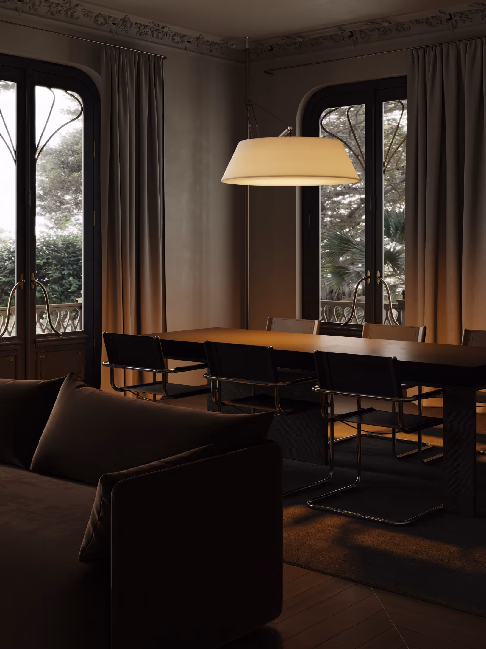 A highly detailed, photorealistic render of a dining room featuring a contemporary pendant lamp, sleek furniture, and classical molding on the ceiling. Natural light pours in from large windows, offering a warm atmosphere.