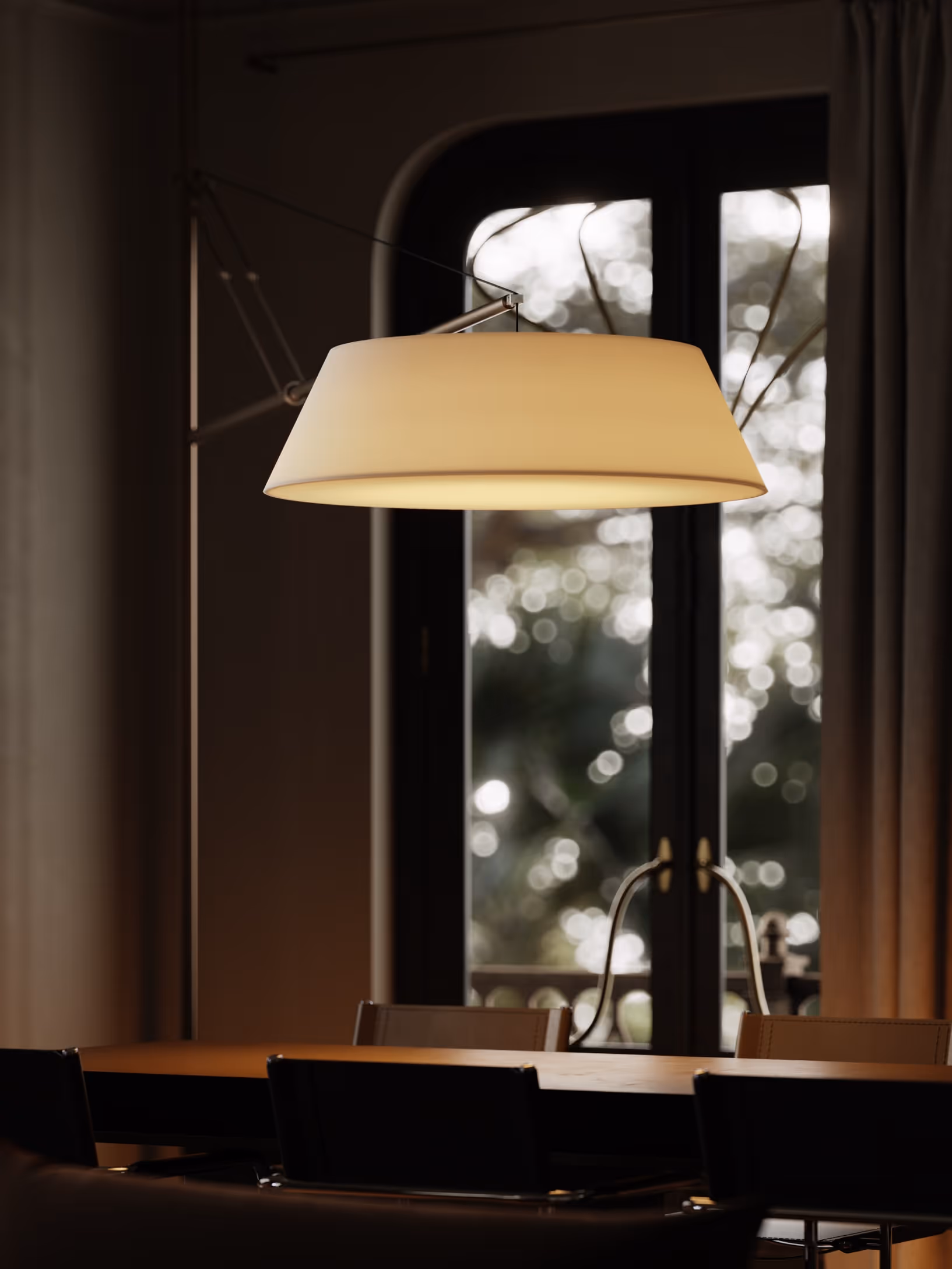 A photorealistic render of a dining room showcasing a large, modern pendant light over a dark table with sleek chairs. The room's classic architecture, including detailed window frames and molding, contrasts with the contemporary design, ideal for high-quality interior renders.