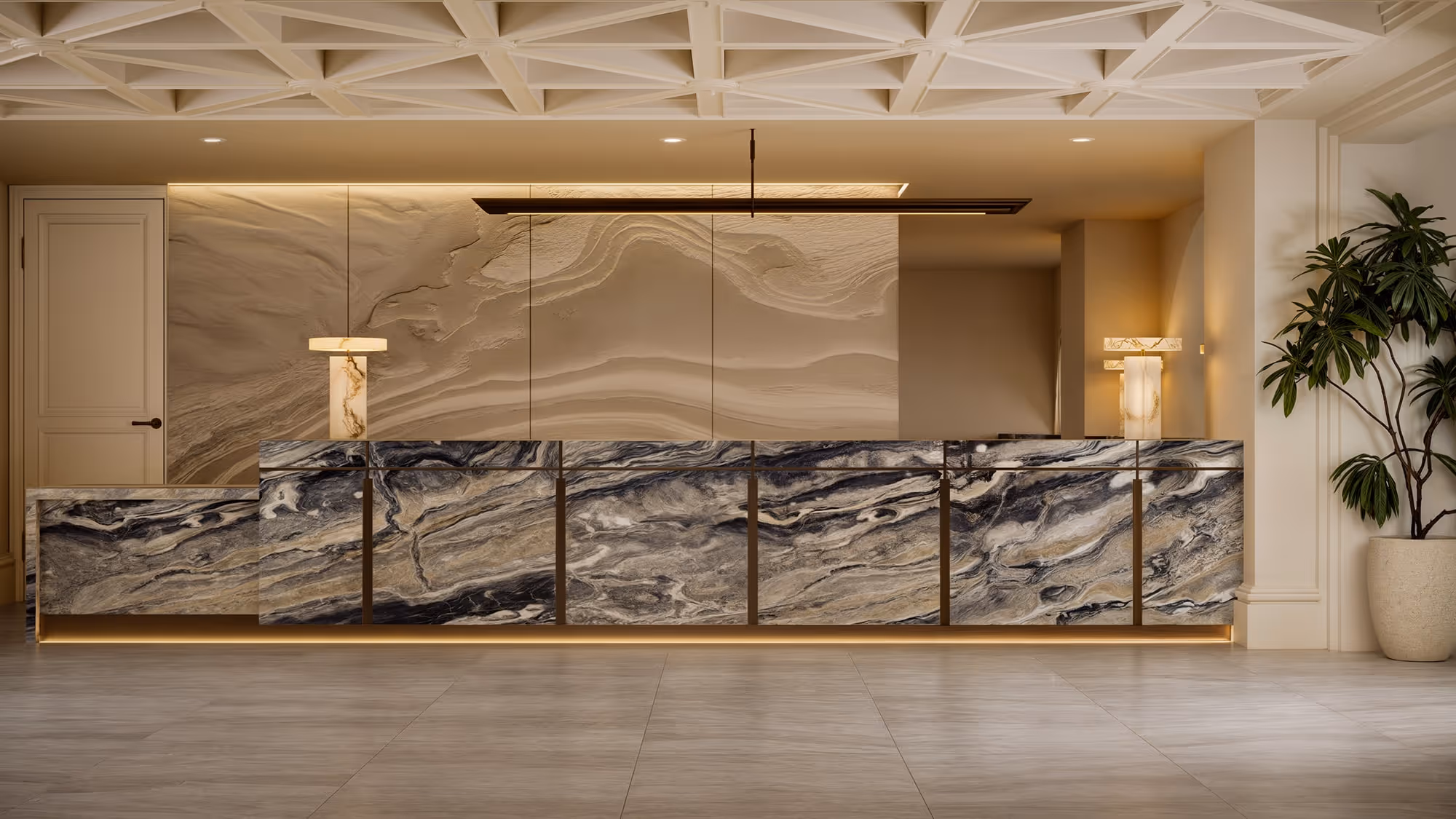 A photorealistic render of a hotel reception area featuring a marble desk, warm ambient lighting, and intricate ceiling details, creating a welcoming yet opulent entrance.