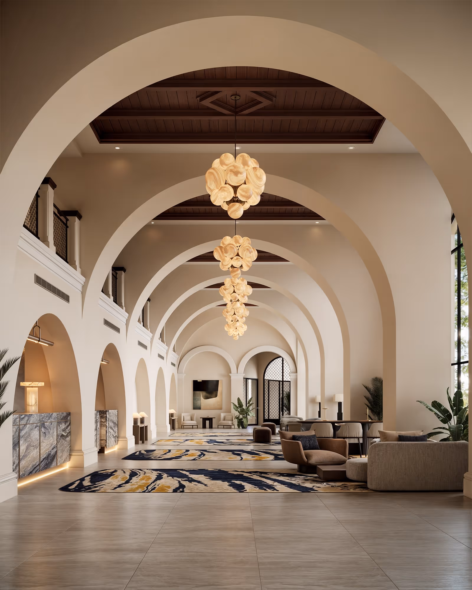 A photorealistic render of a Las Vegas hotel lobby with chandeliers, contemporary couches, and a marble reception desk, showcasing a luxurious yet inviting atmosphere.