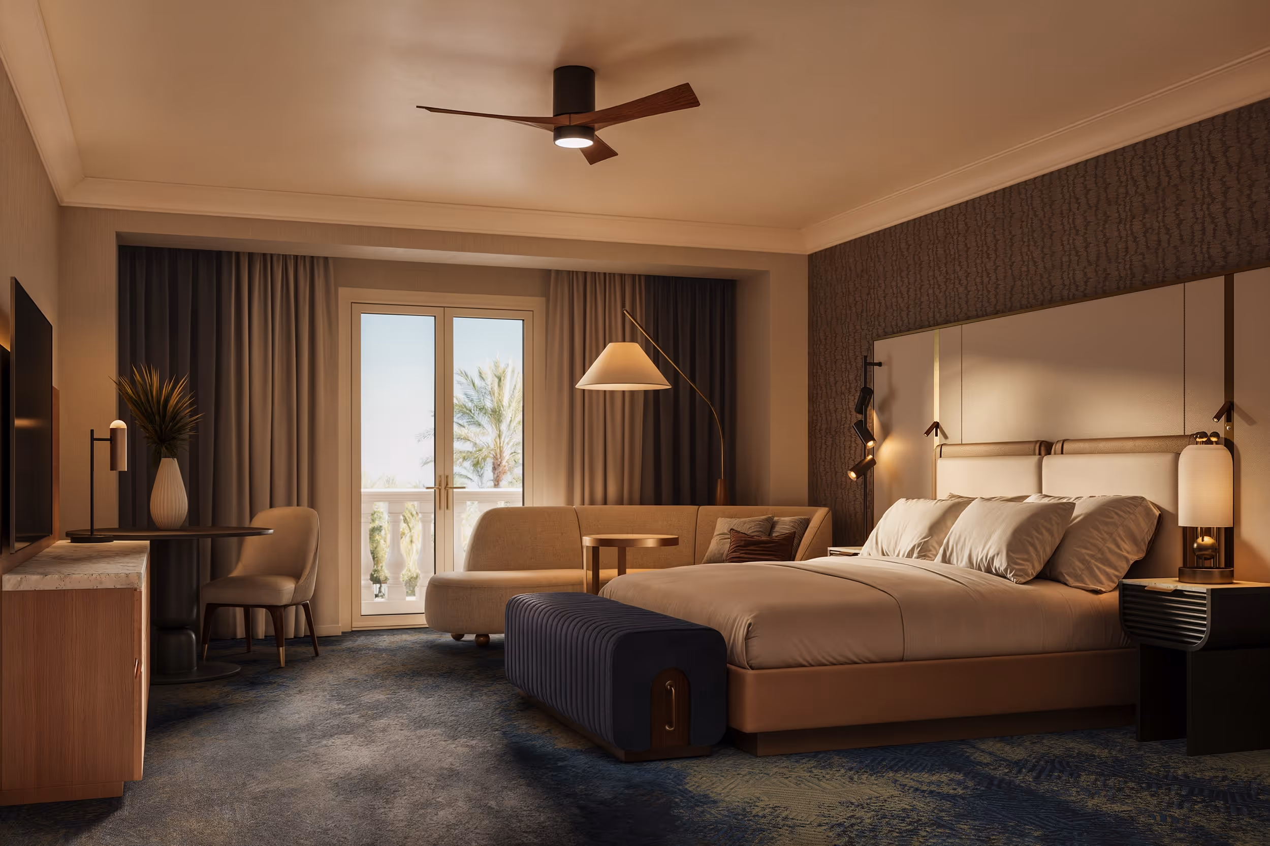 A photorealistic render of a spacious hotel guest room, featuring a cozy seating area by the bed, floor-to-ceiling curtains, and a view of palm trees through the balcony door.