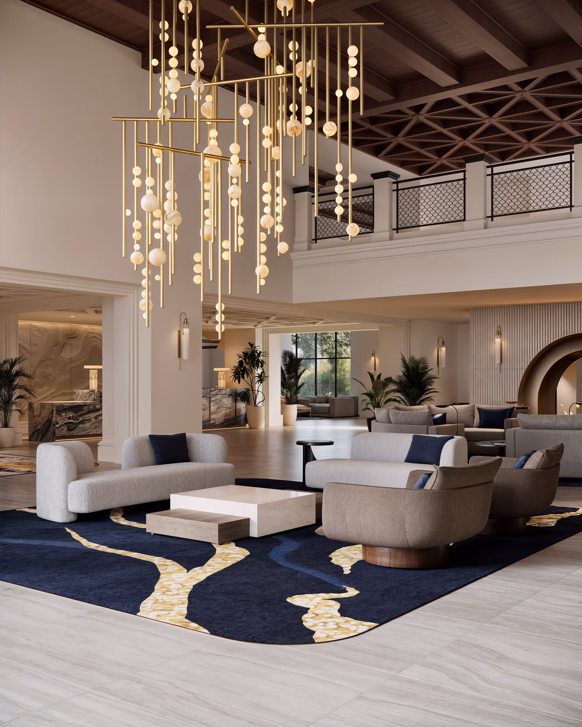 A photorealistic render of a luxurious hotel lounge area with sleek, modern furniture and a unique chandelier, capturing the sophisticated vibe of the space.