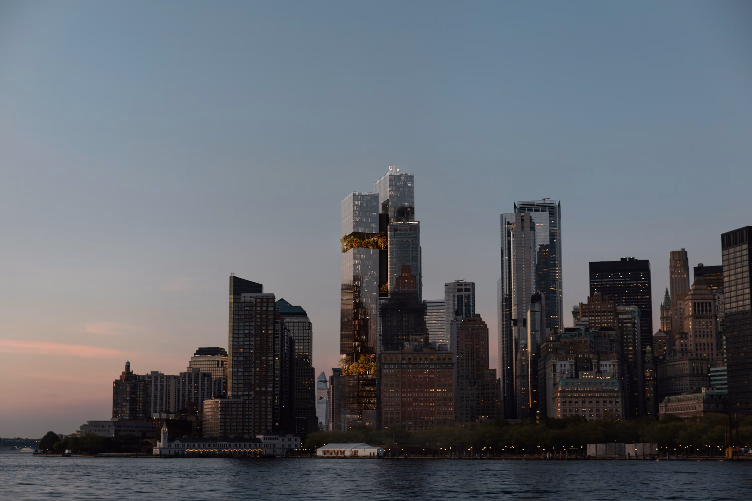 Photorealistic render of a conceptual skyscraper in New York City's skyline at dusk, featuring rooftop gardens and green terraces on a reflective glass facade