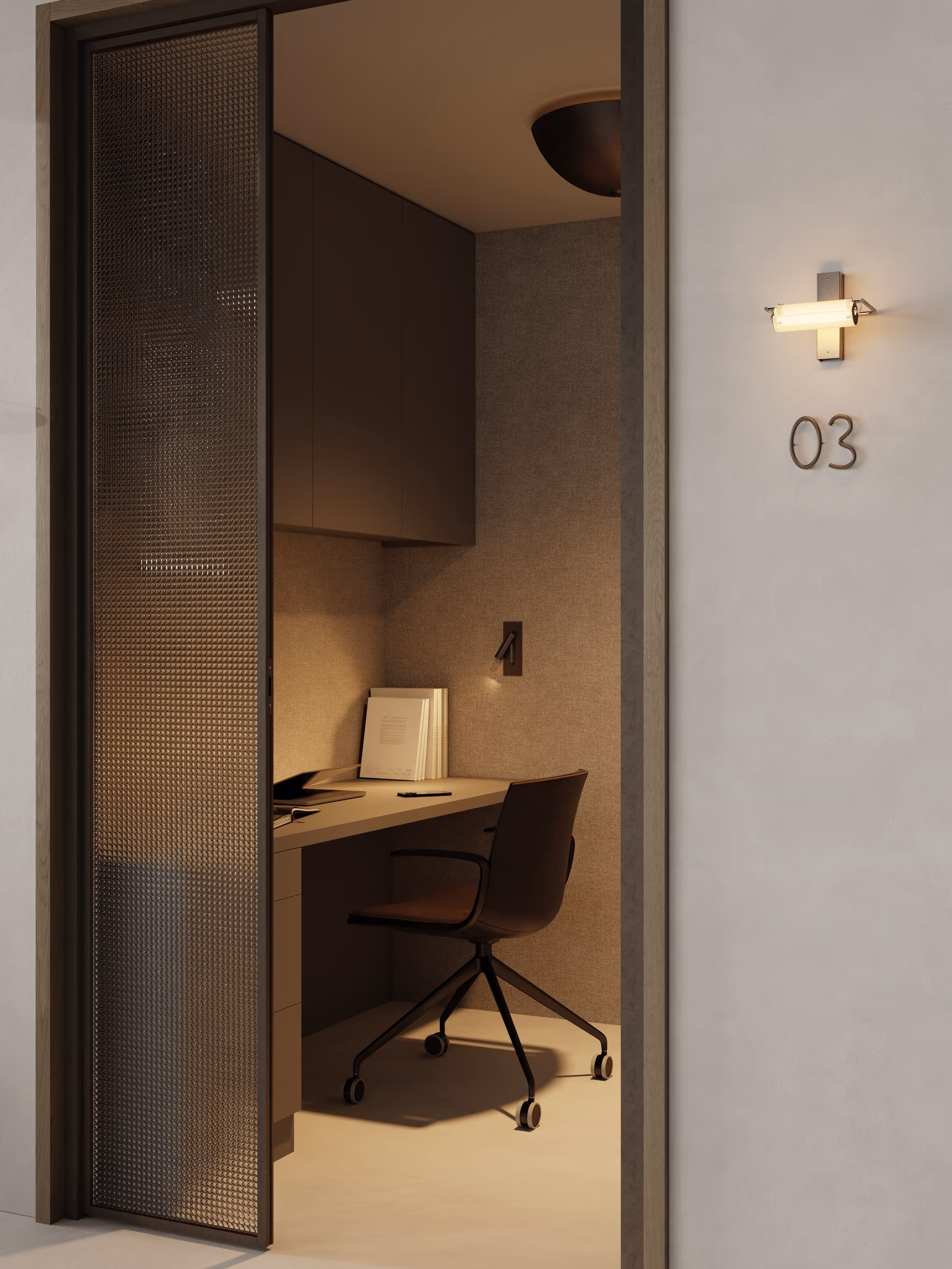 Close-up of a minimalist work nook, tucked away behind a perforated metal sliding door. This cozy space offers a quiet area for focused tasks, featuring muted tones and sleek furniture.
