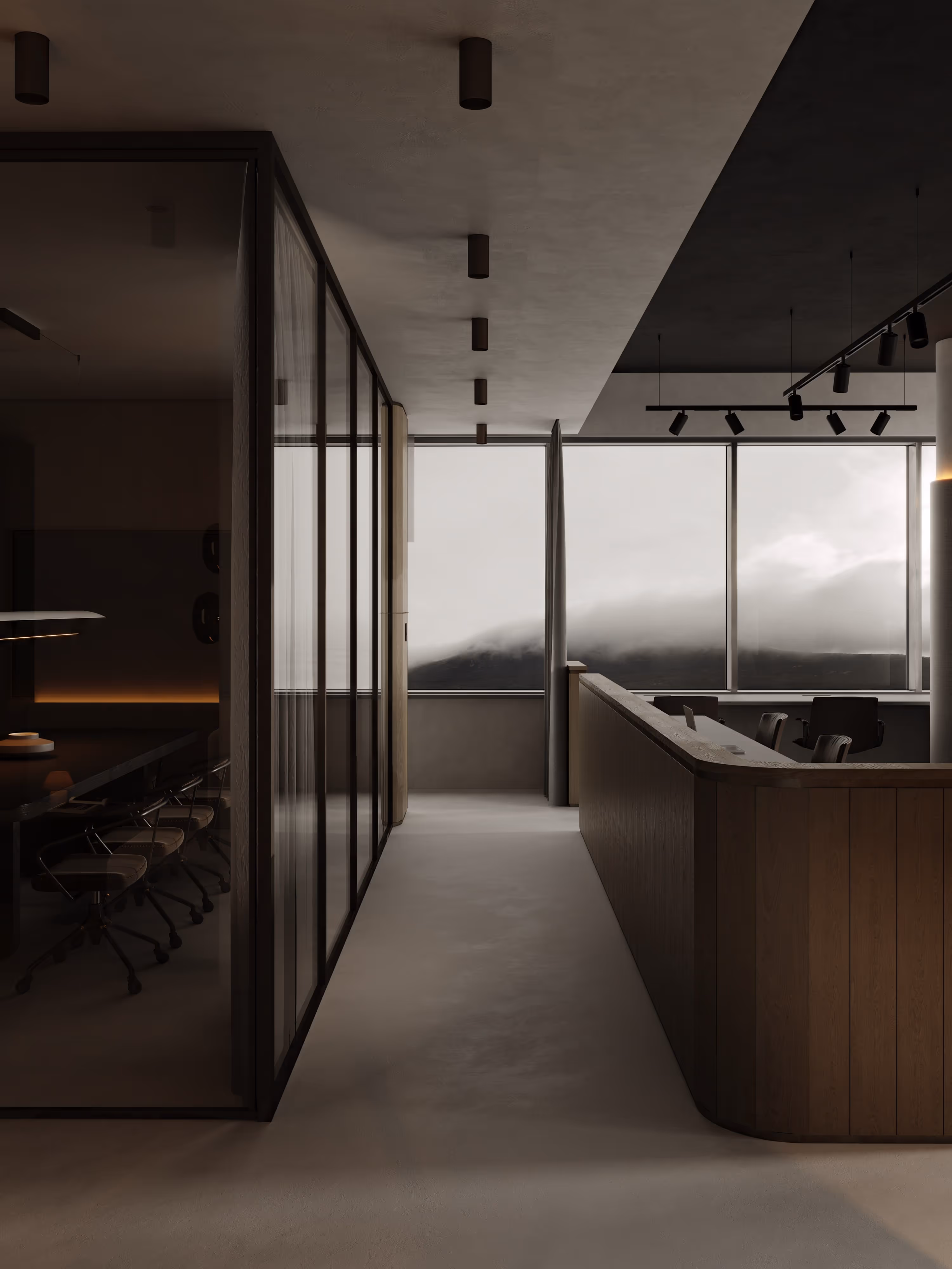 A sleek office hallway with glass partitions and natural lighting pouring in from the large windows, reflecting a clean, contemporary workspace with a dark, sophisticated color palette.