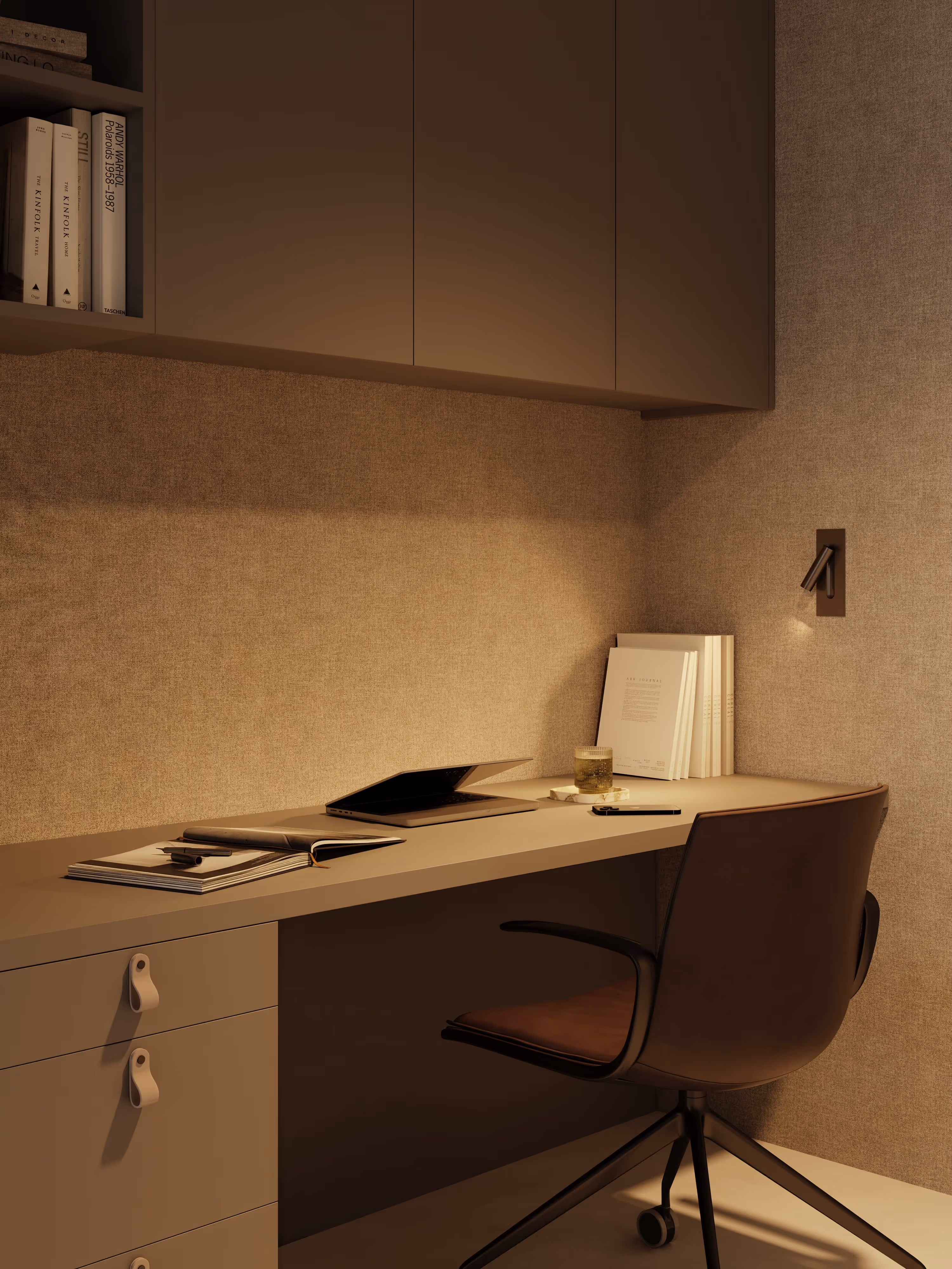 A cozy, functional workspace showcasing a clean and minimalist design, with warm, subtle lighting enhancing the textures and materials. A comfortable chair sits at a sleek desk, perfectly arranged for productivity with a calming atmosphere.