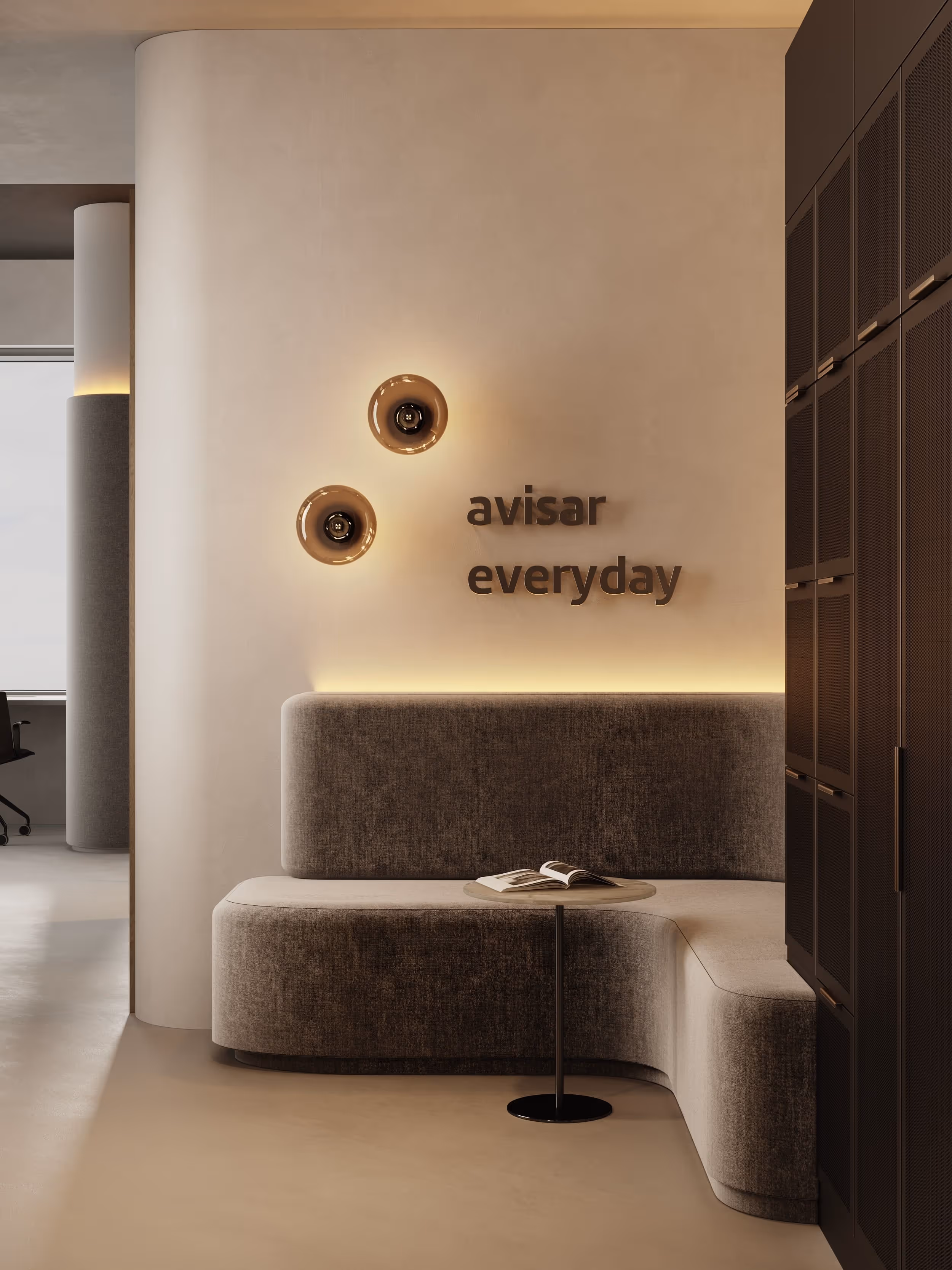 Image showing the modern reception area of Avisar Everyday’s office, with soft, neutral tones and rounded furniture elements. Warm lighting highlights the logo, creating a welcoming and minimalist ambiance.